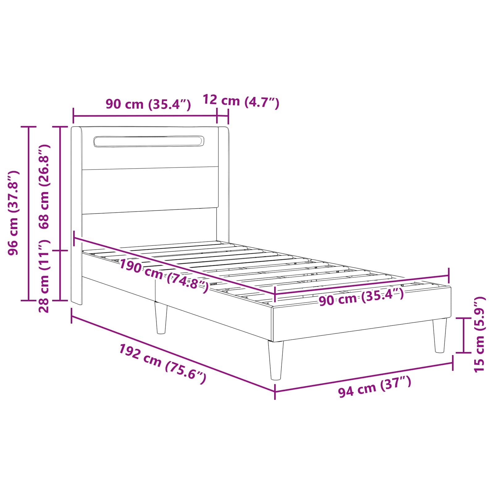 vidaXL Bedframe met LED-stripverlichting Zwart 90 x 190 cm Kunstleer