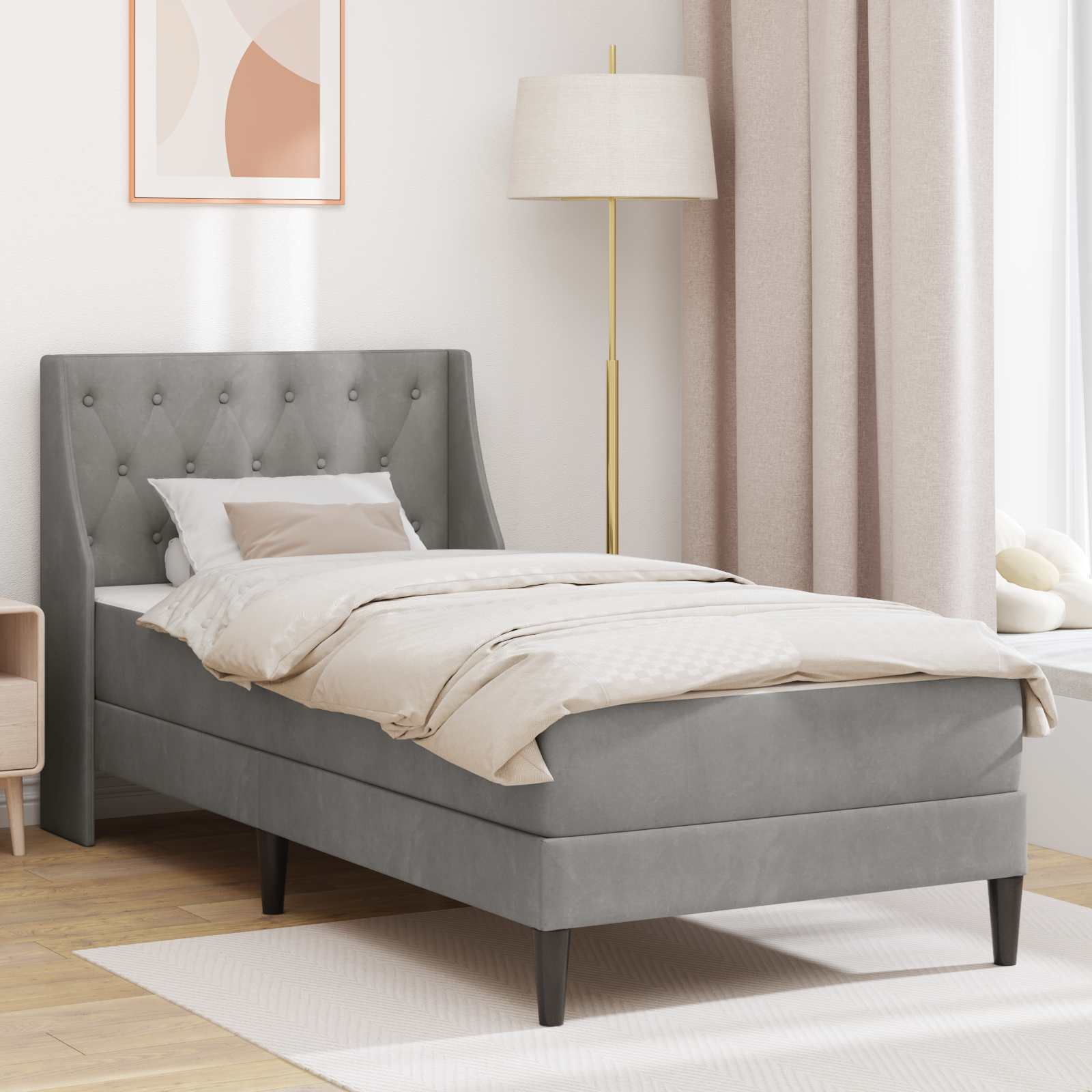 vidaXL Bedframe met matras Wandgemonteerd 2 pcs Lichtgrijs Fluweel
