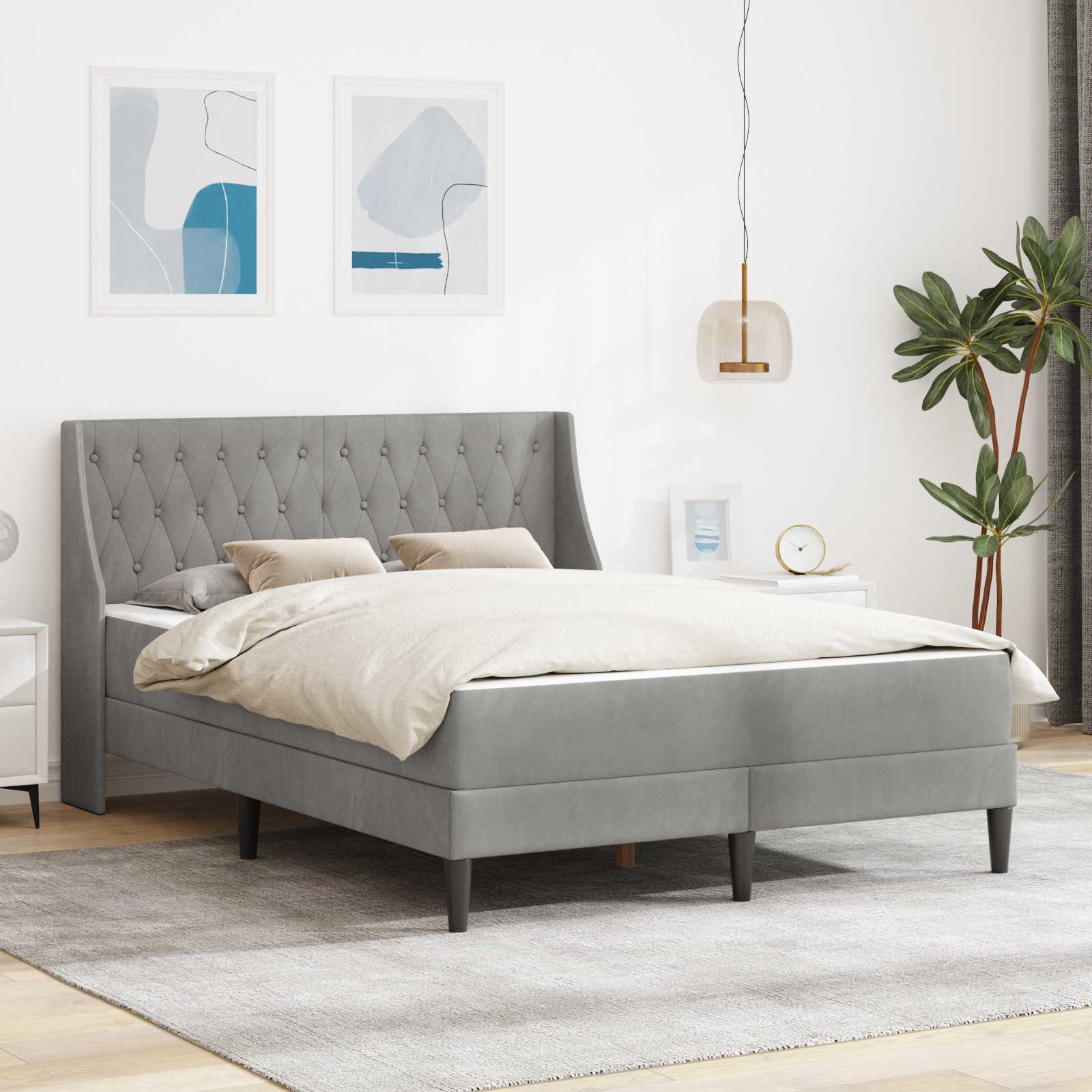 vidaXL Bedframe met matras Wandgemonteerd 2 pcs Lichtgrijs Fluweel