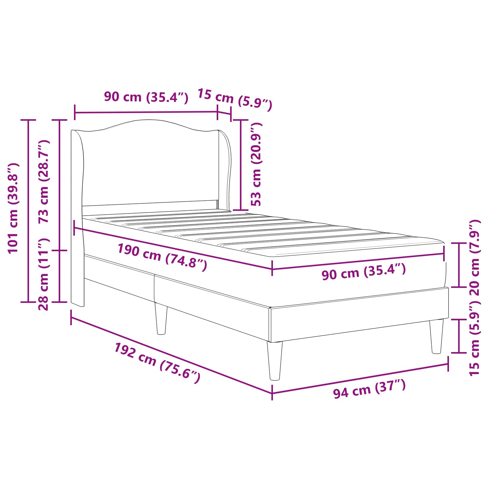 vidaXL Bedframe met hoofdeinde Grijs 90 x 190 cm Kunstleer