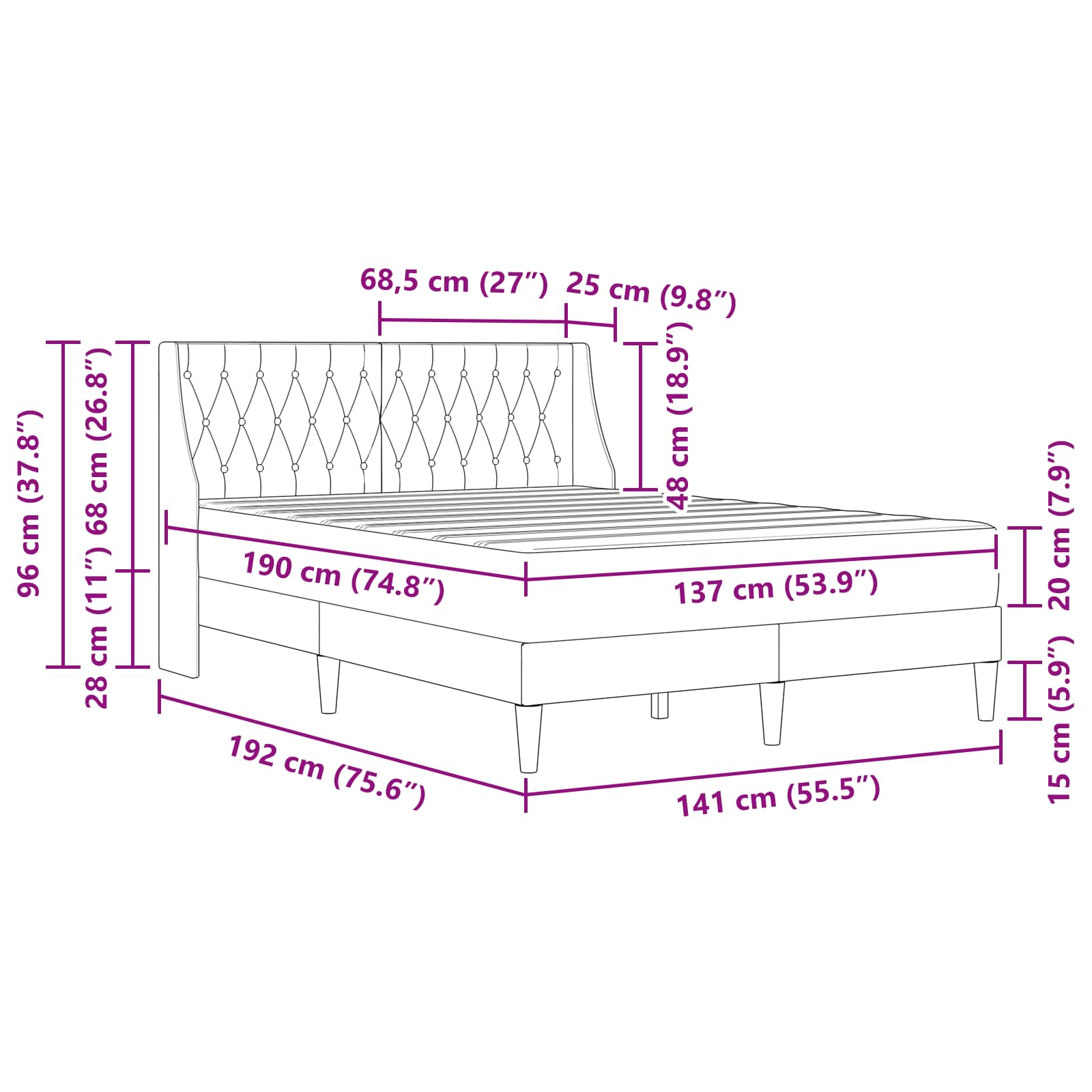vidaXL Bedframe met matras met matras Donkergrijs 137 x 190 cm Fluweel