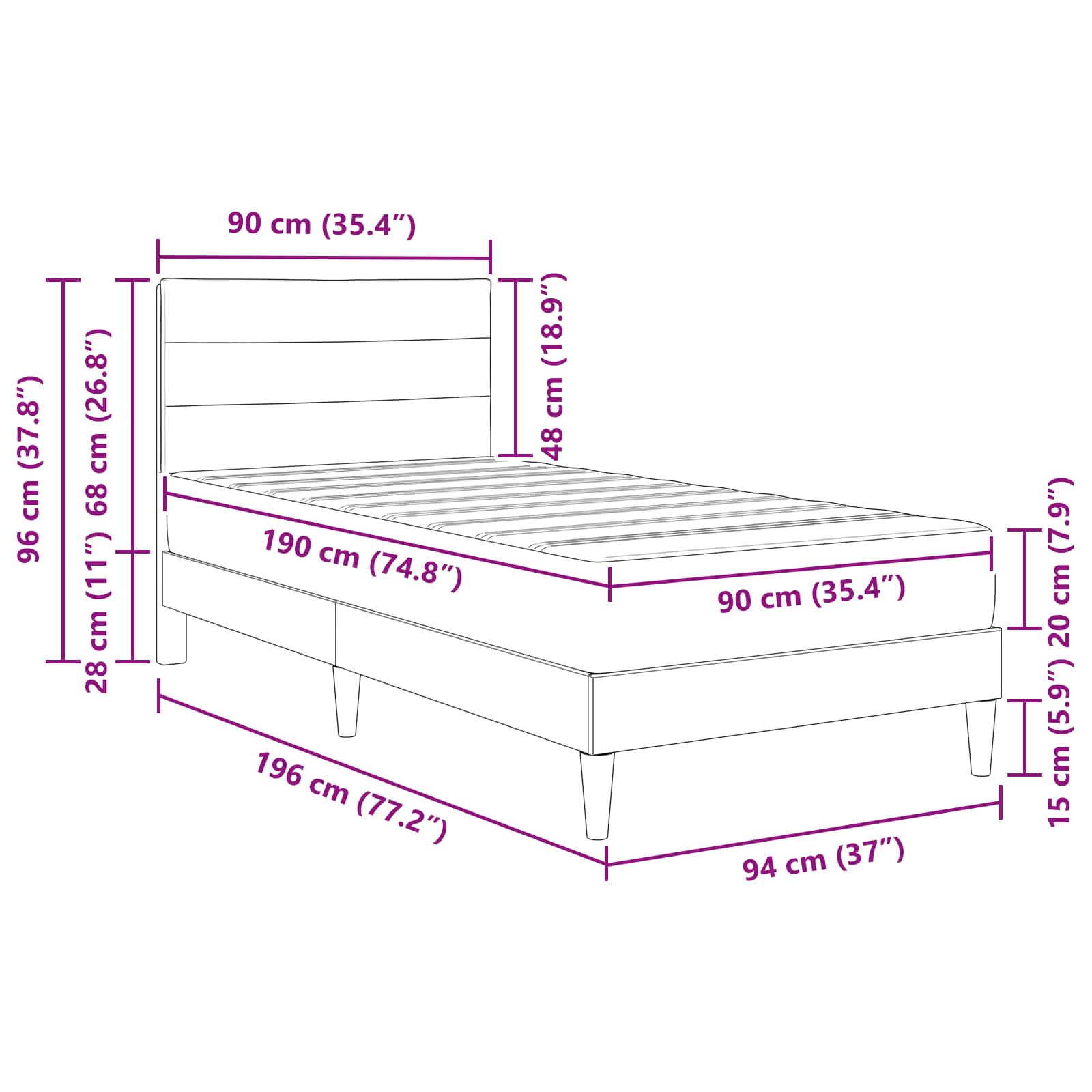 vidaXL Bedframe met matras 2 pcs Donkergrijs 90 x 190 cm Stof