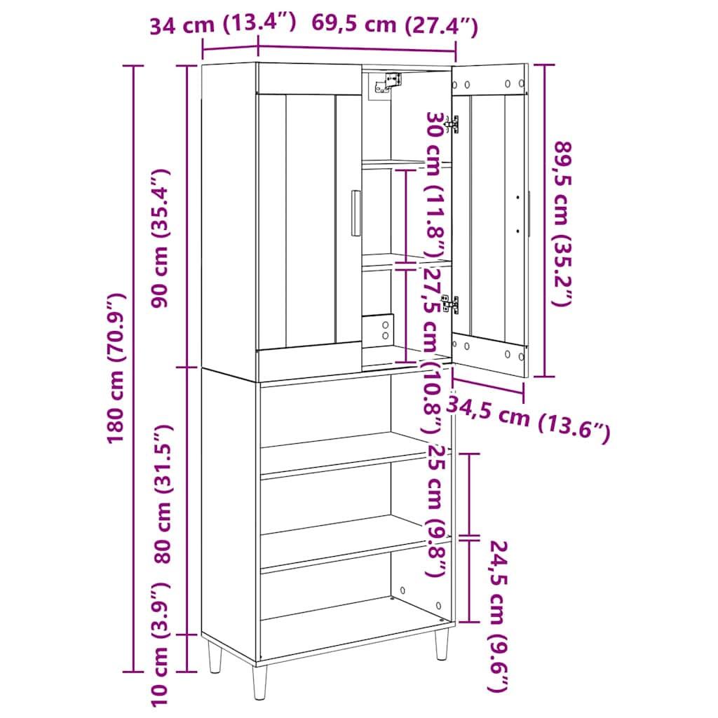 vidaXL Highboard Wandgemonteerd 2 pcs Zwart Eiken Bewerkt hout