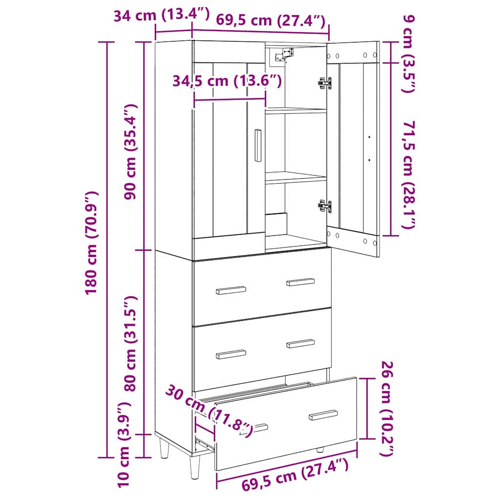 vidaXL Highboard Wandgemonteerd 2 pcs Zwart Eiken Bewerkt hout