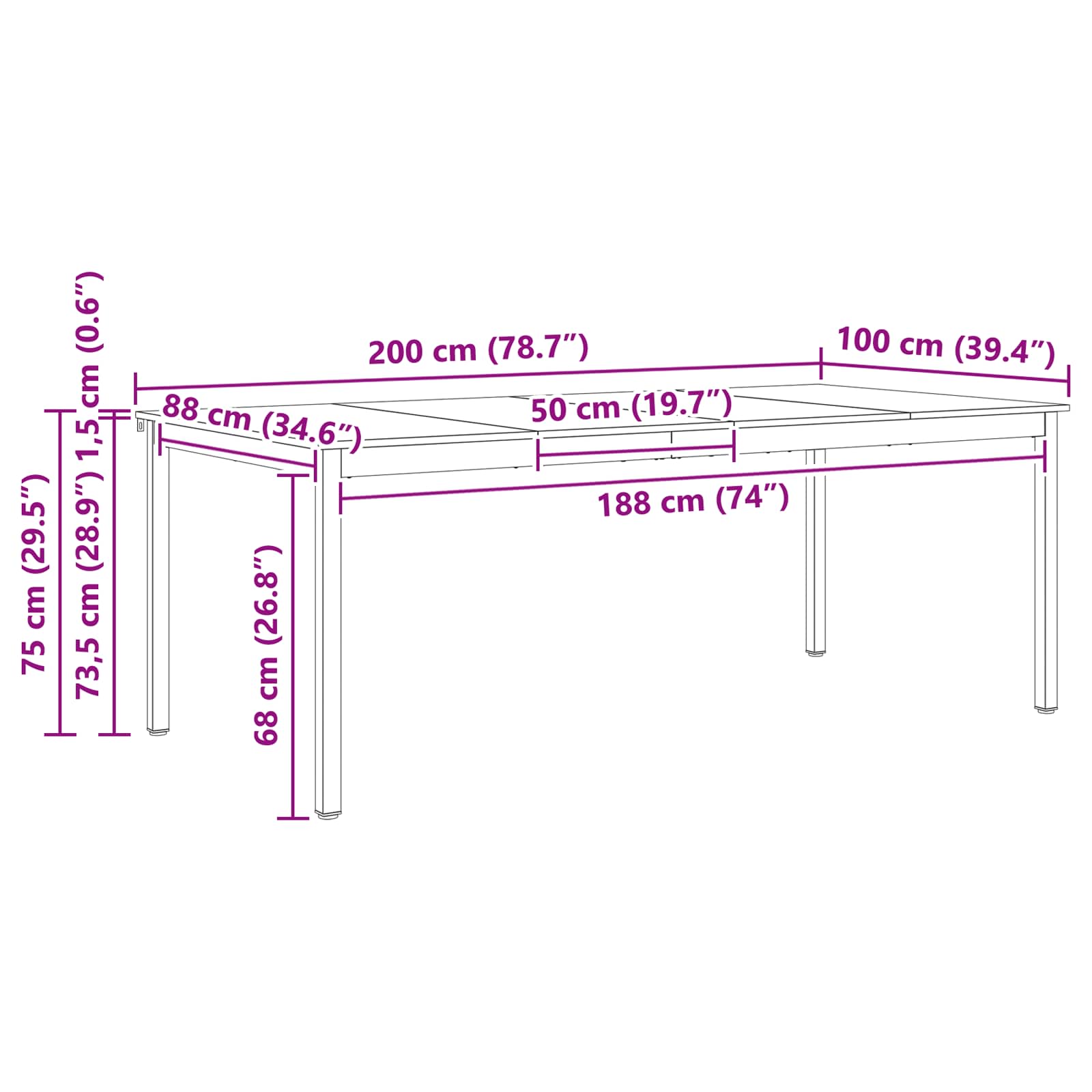 vidaXL Eettafel Naturel 200 x 100 x 75 cm Massief grenenhout