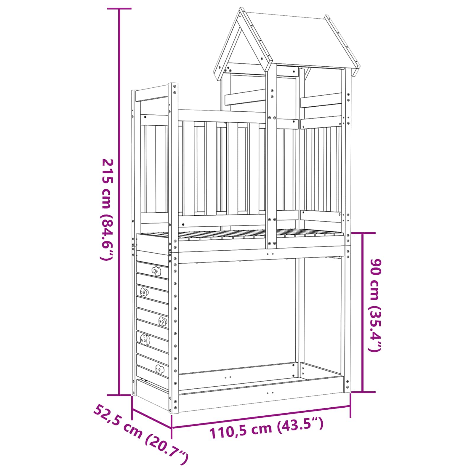 vidaXL Speeltoren Bruin 110,5 x 52,5 x 215 cm Massief grenenhout