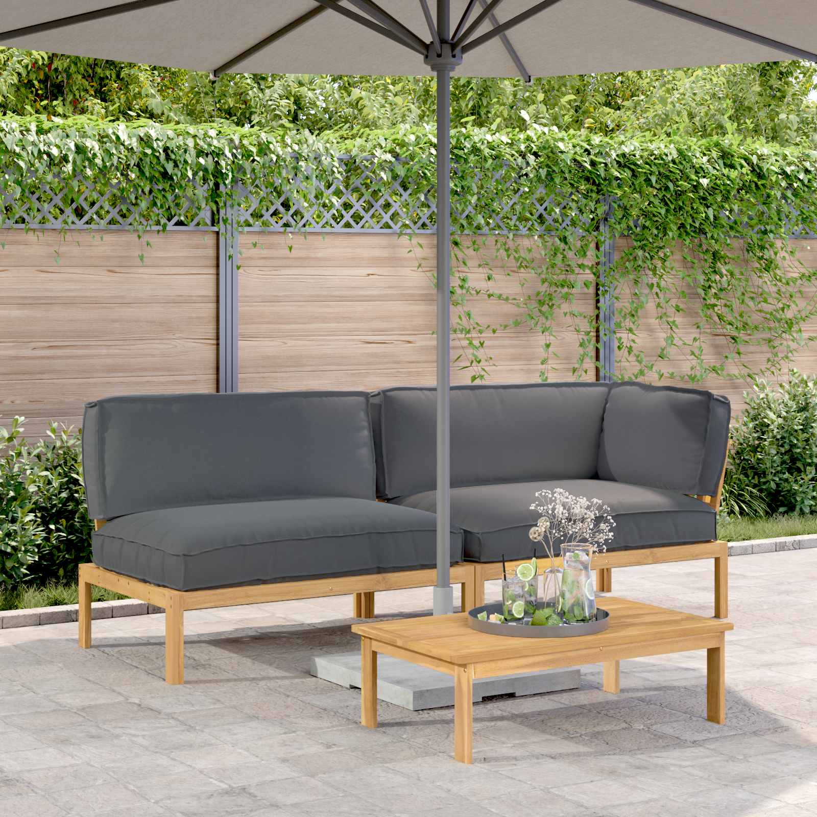 vidaXL Bankstel met kussen 3 pcs Bladpatroon Massief Acaciahout