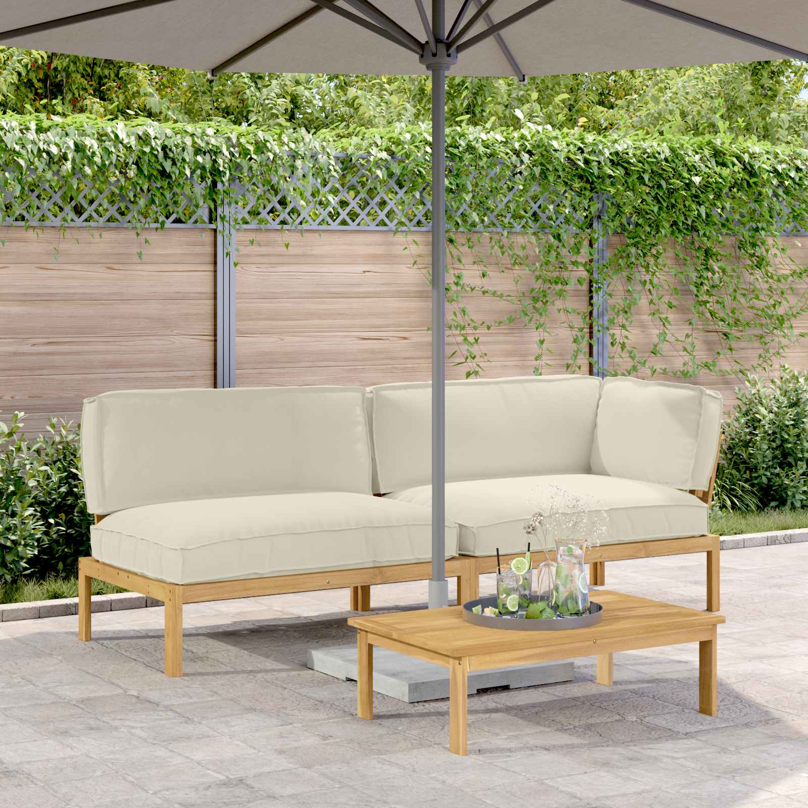 vidaXL Bankstel met kussen 3 pcs Bladpatroon Massief Acaciahout