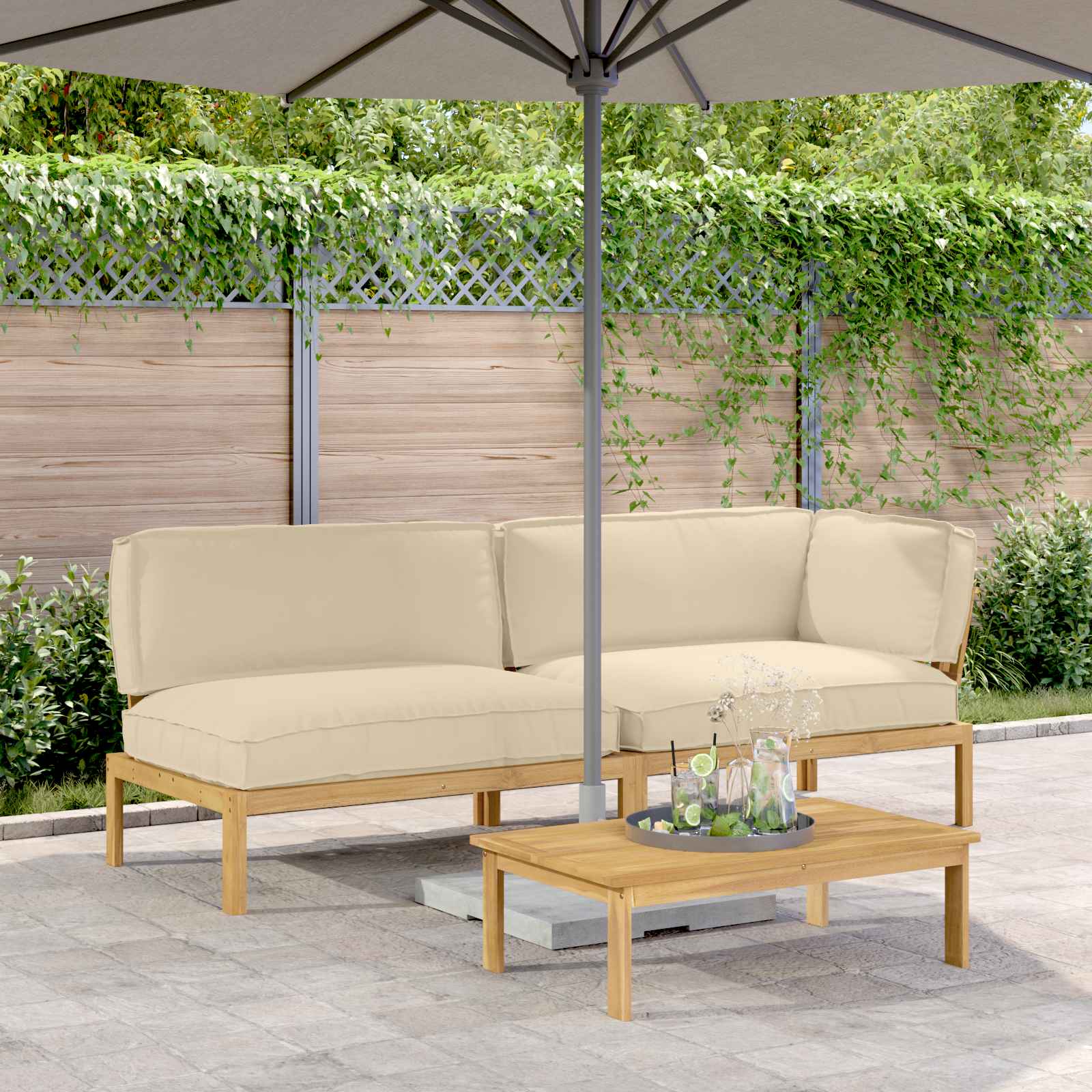 vidaXL Bankstel met kussen 3 pcs Bladpatroon Massief Acaciahout