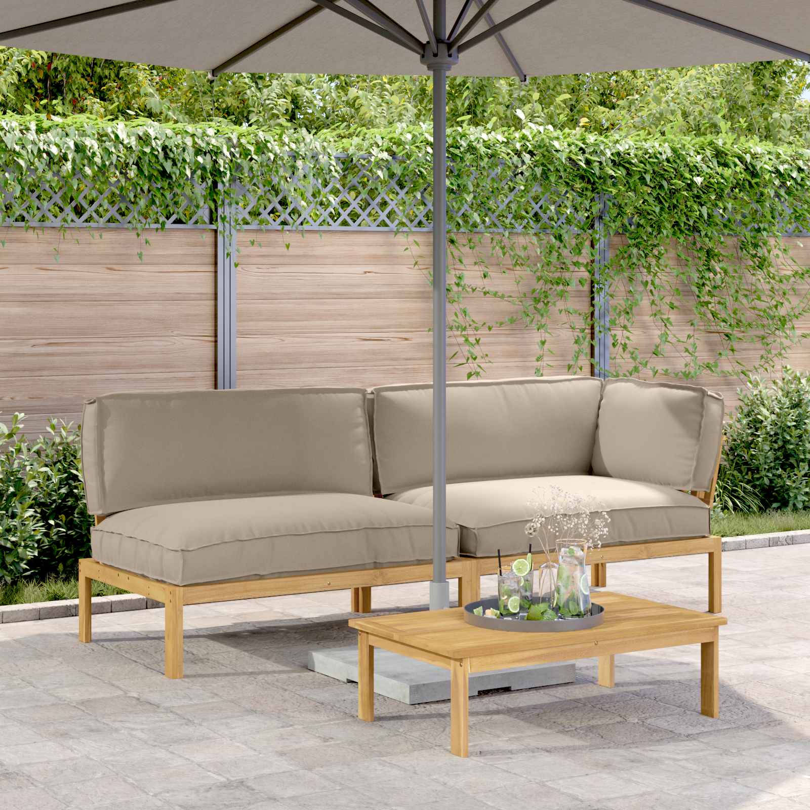 vidaXL Bankstel met kussen 3 pcs Bladpatroon Massief Acaciahout