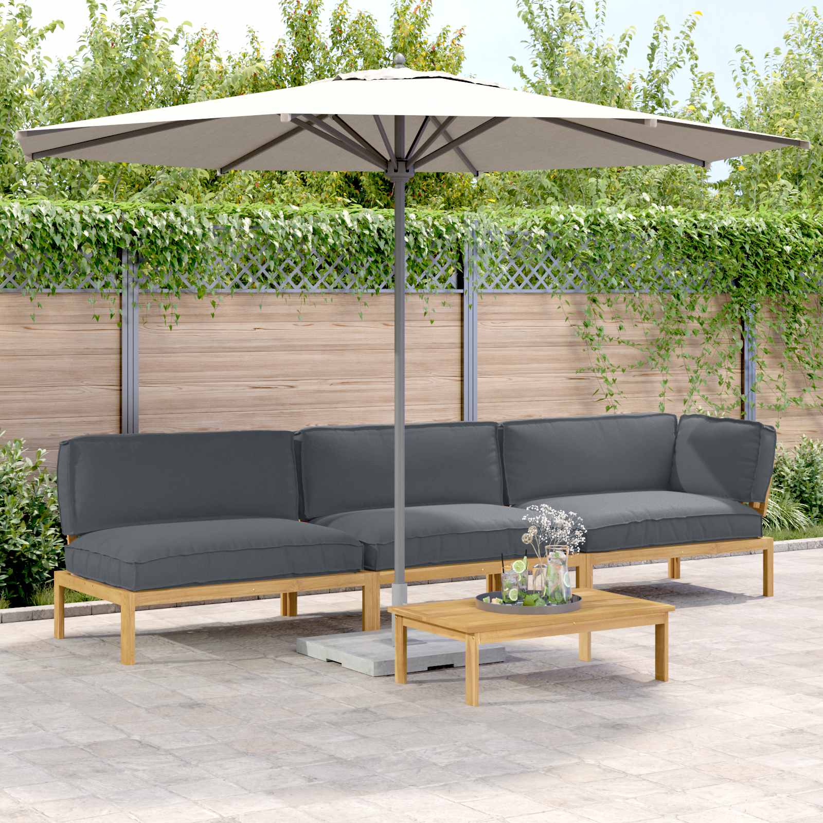 vidaXL Bankstel met kussen 3 pcs Bladpatroon Massief Acaciahout