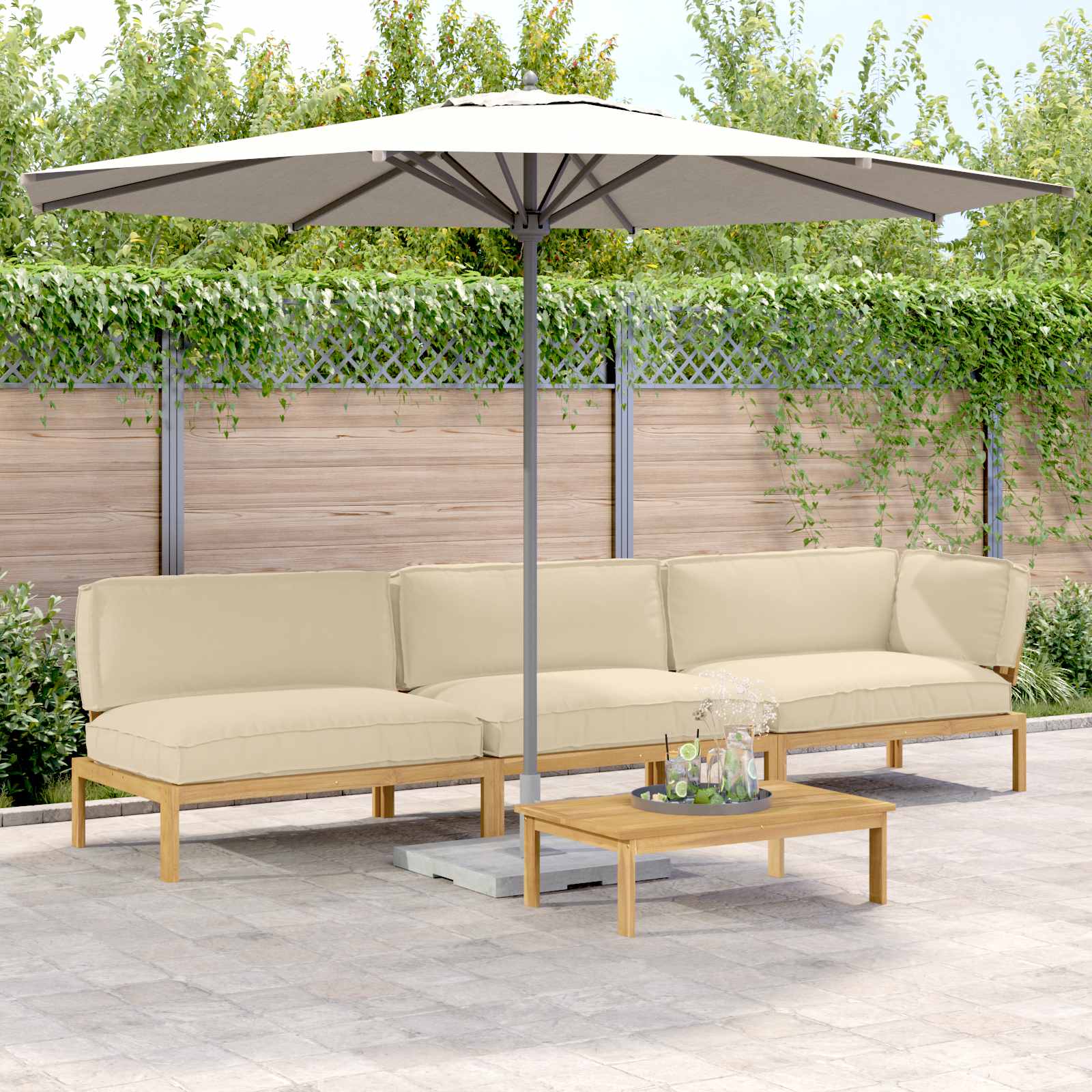 vidaXL Bankstel met kussen 3 pcs Bladpatroon Massief Acaciahout