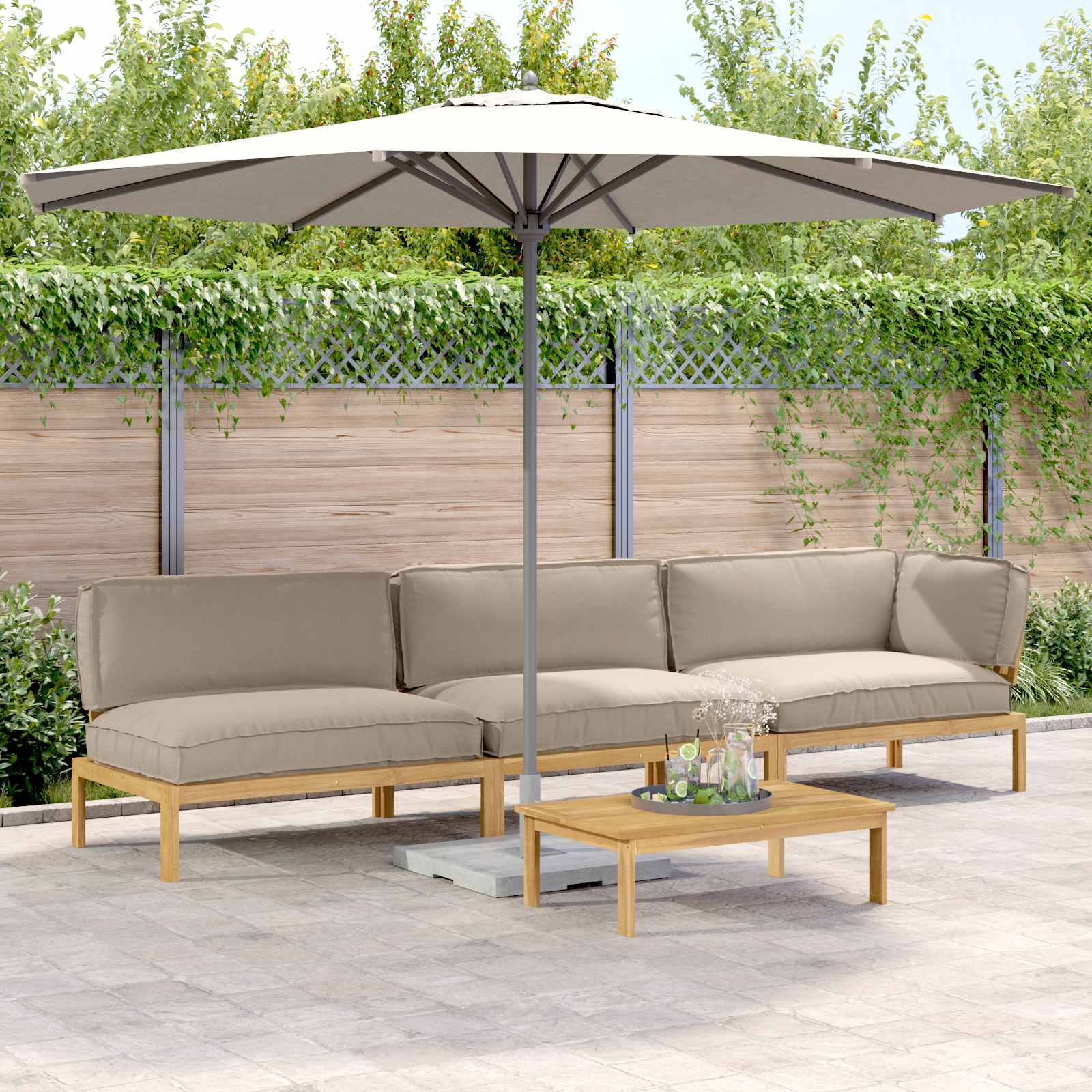 vidaXL Bankstel met kussen 3 pcs Bladpatroon Massief Acaciahout