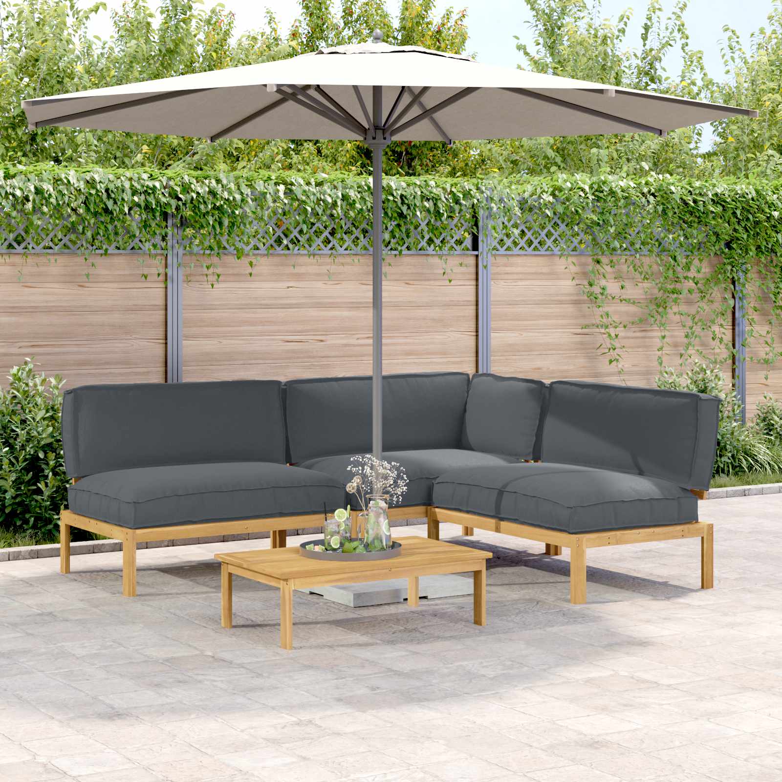 vidaXL Bankstel met kussen 3 pcs Bladpatroon Massief Acaciahout