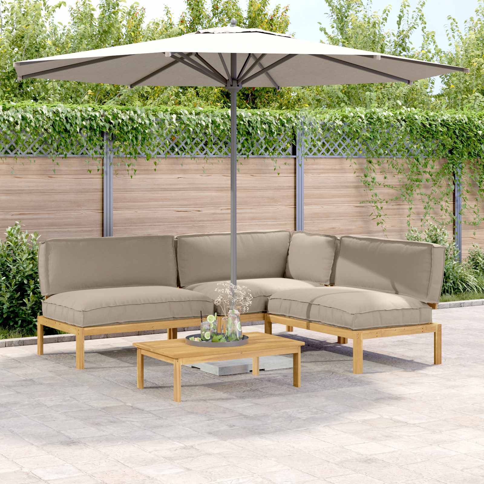 vidaXL Bankstel met kussen 3 pcs Bladpatroon Massief Acaciahout