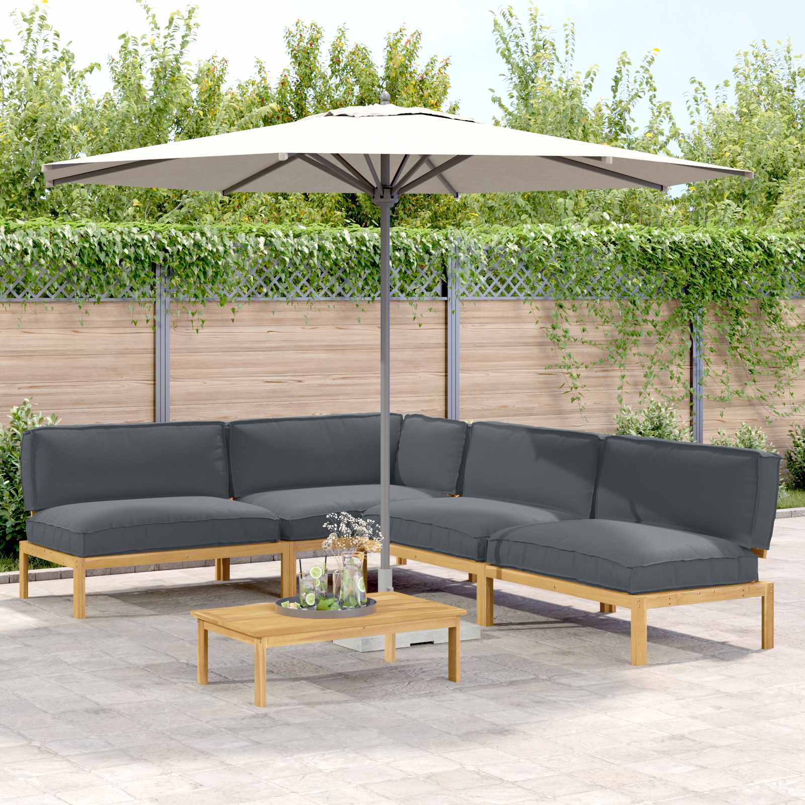 vidaXL Bankstel met kussen 3 pcs Bladpatroon Massief Acaciahout