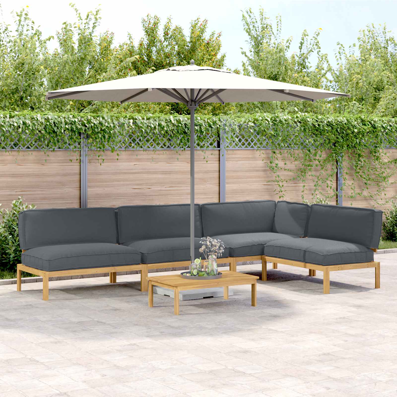 vidaXL Bankstel met kussen 3 pcs Bladpatroon Massief Acaciahout