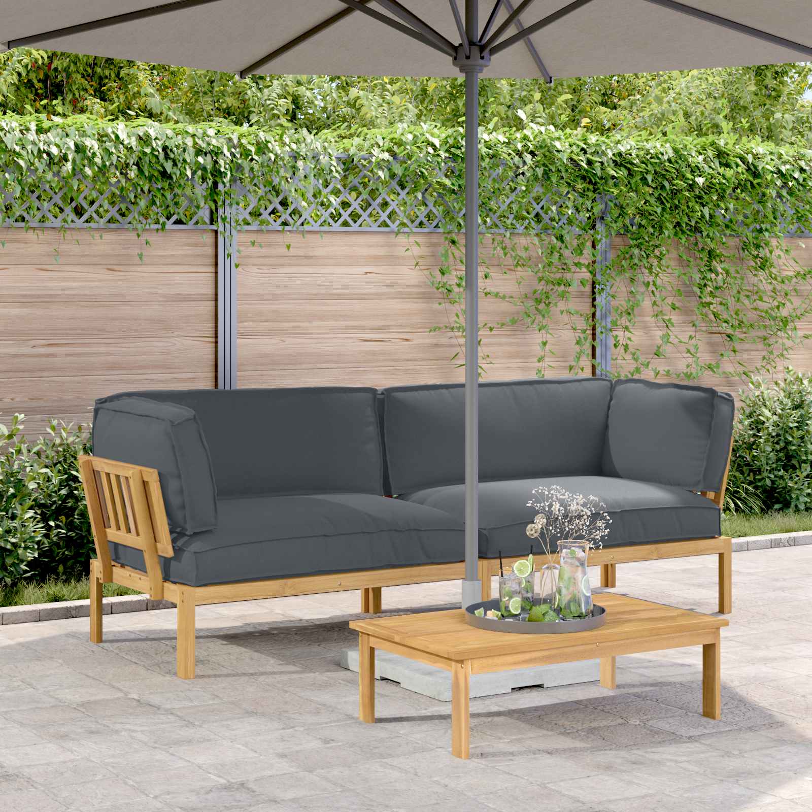 vidaXL Bankstel met kussen 3 pcs Bladpatroon Massief Acaciahout