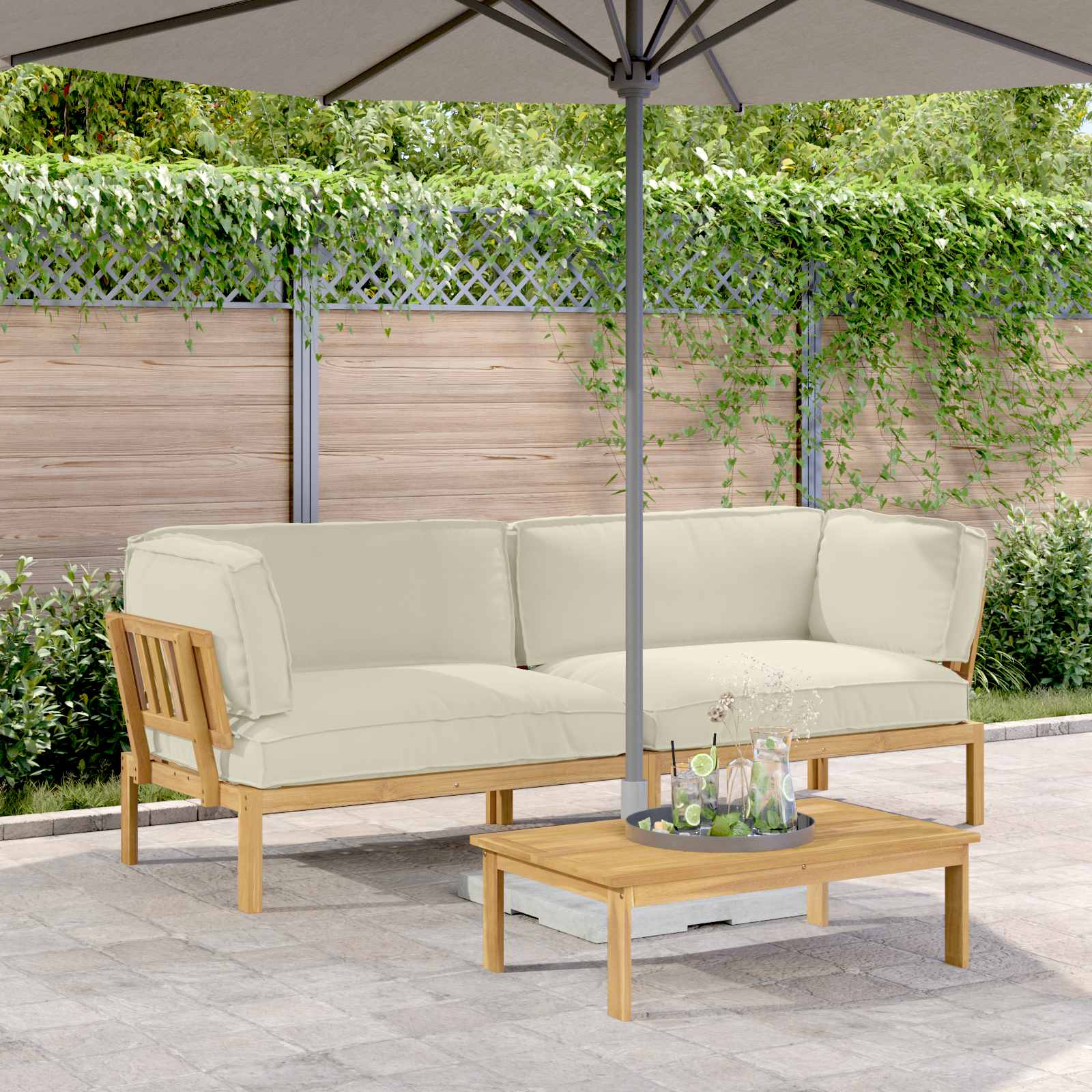 vidaXL Bankstel met kussen 3 pcs Bladpatroon Massief Acaciahout
