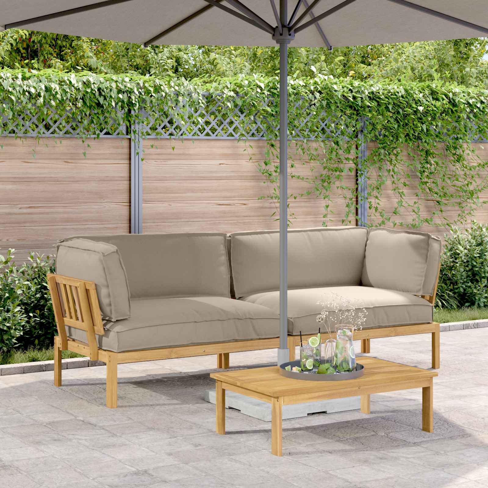 vidaXL Bankstel met kussen 3 pcs Bladpatroon Massief Acaciahout