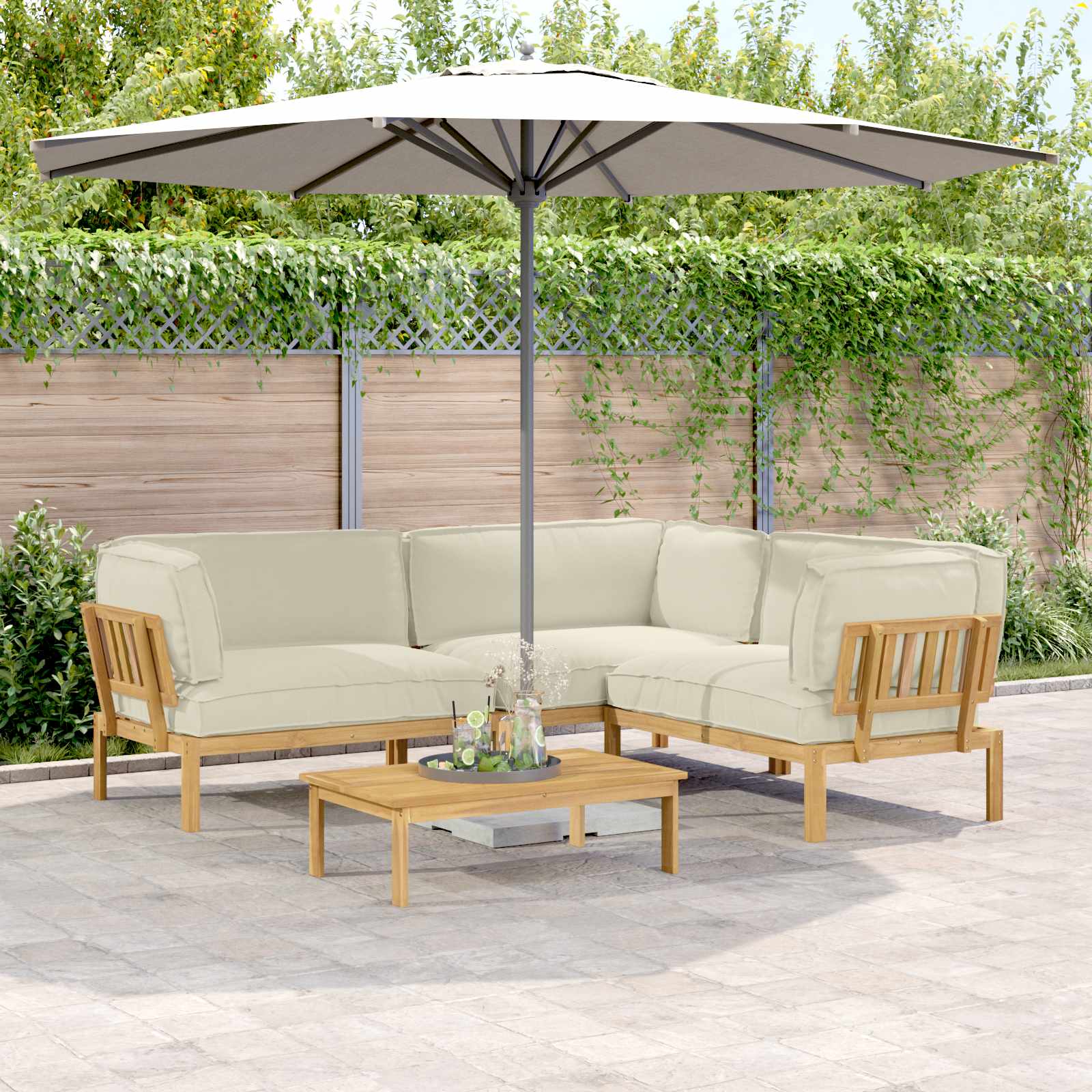 vidaXL Bankstel met kussen 3 pcs Bladpatroon Massief Acaciahout