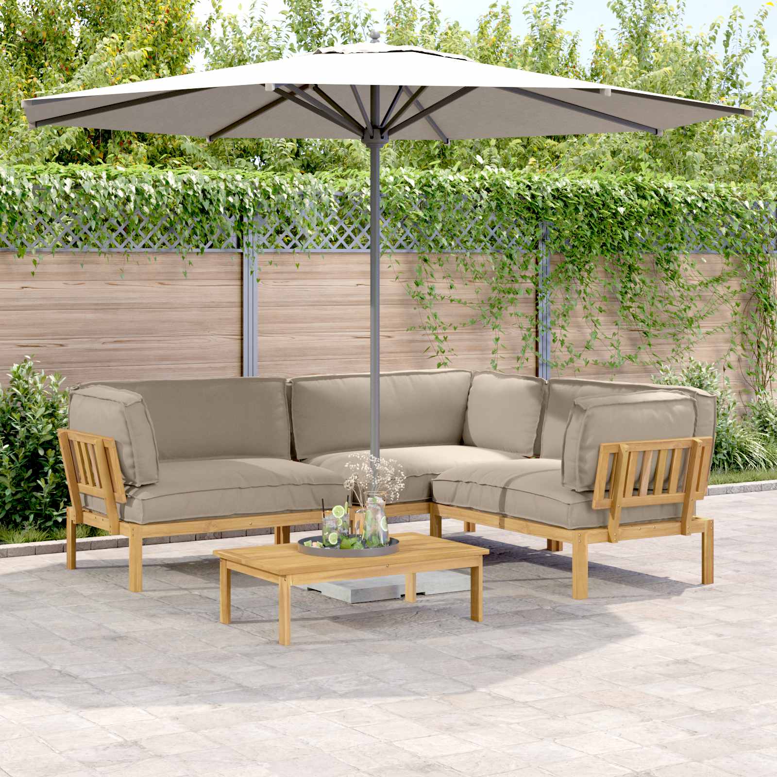 vidaXL Bankstel met kussen 3 pcs Bladpatroon Massief Acaciahout