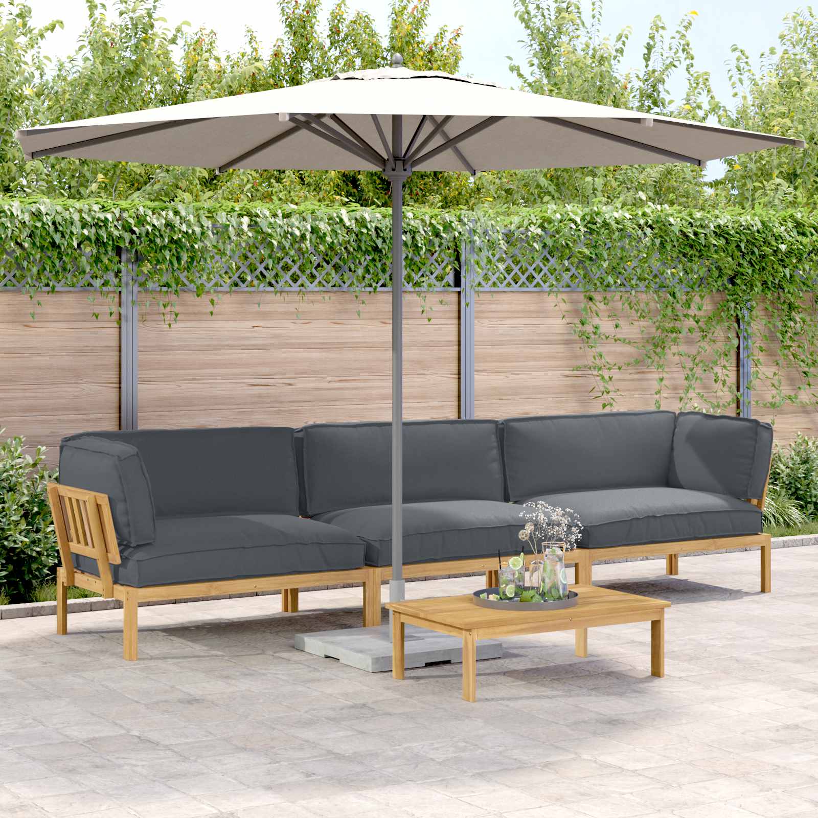 vidaXL Bankstel met kussen 3 pcs Bladpatroon Massief Acaciahout