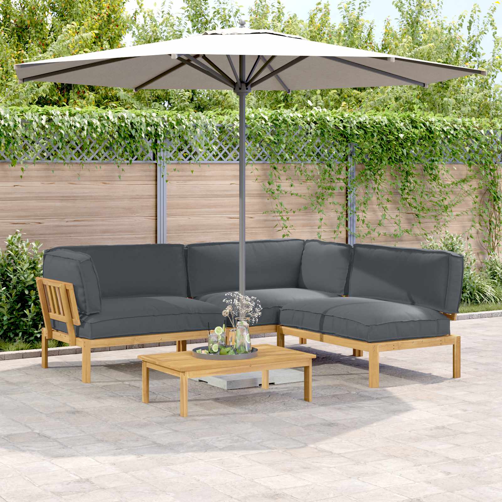 vidaXL Bankstel met kussen 3 pcs Bladpatroon Massief Acaciahout
