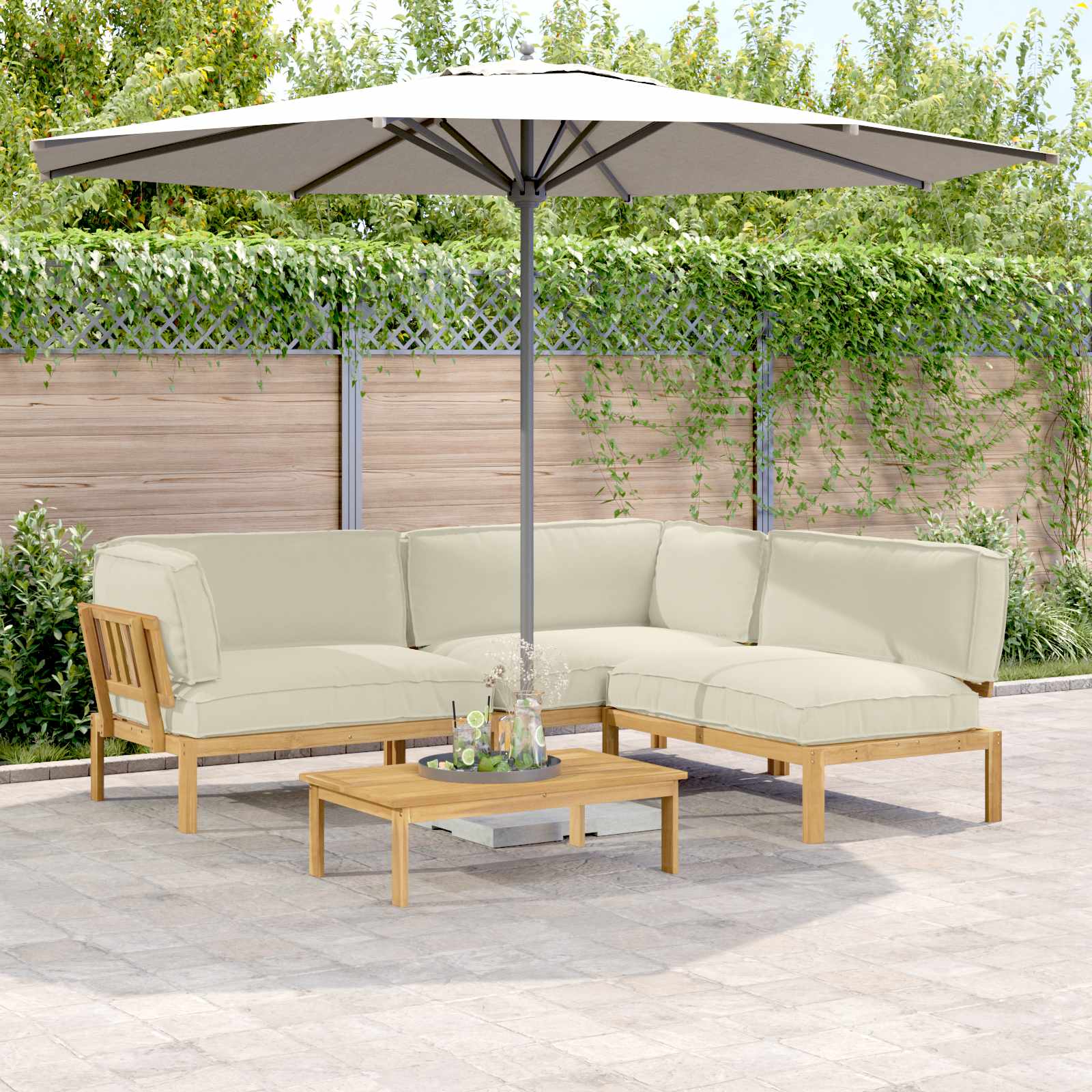 vidaXL Bankstel met kussen 3 pcs Bladpatroon Massief Acaciahout
