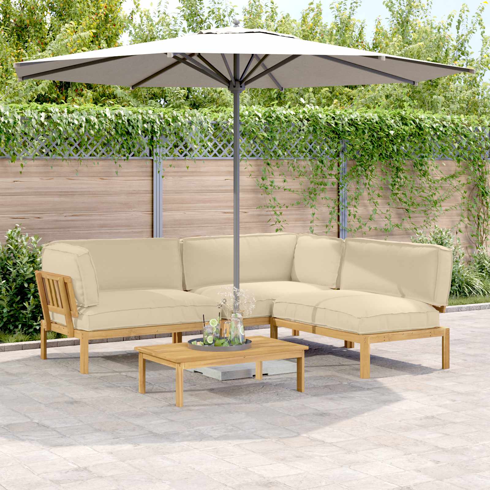 vidaXL Bankstel met kussen 3 pcs Bladpatroon Massief Acaciahout