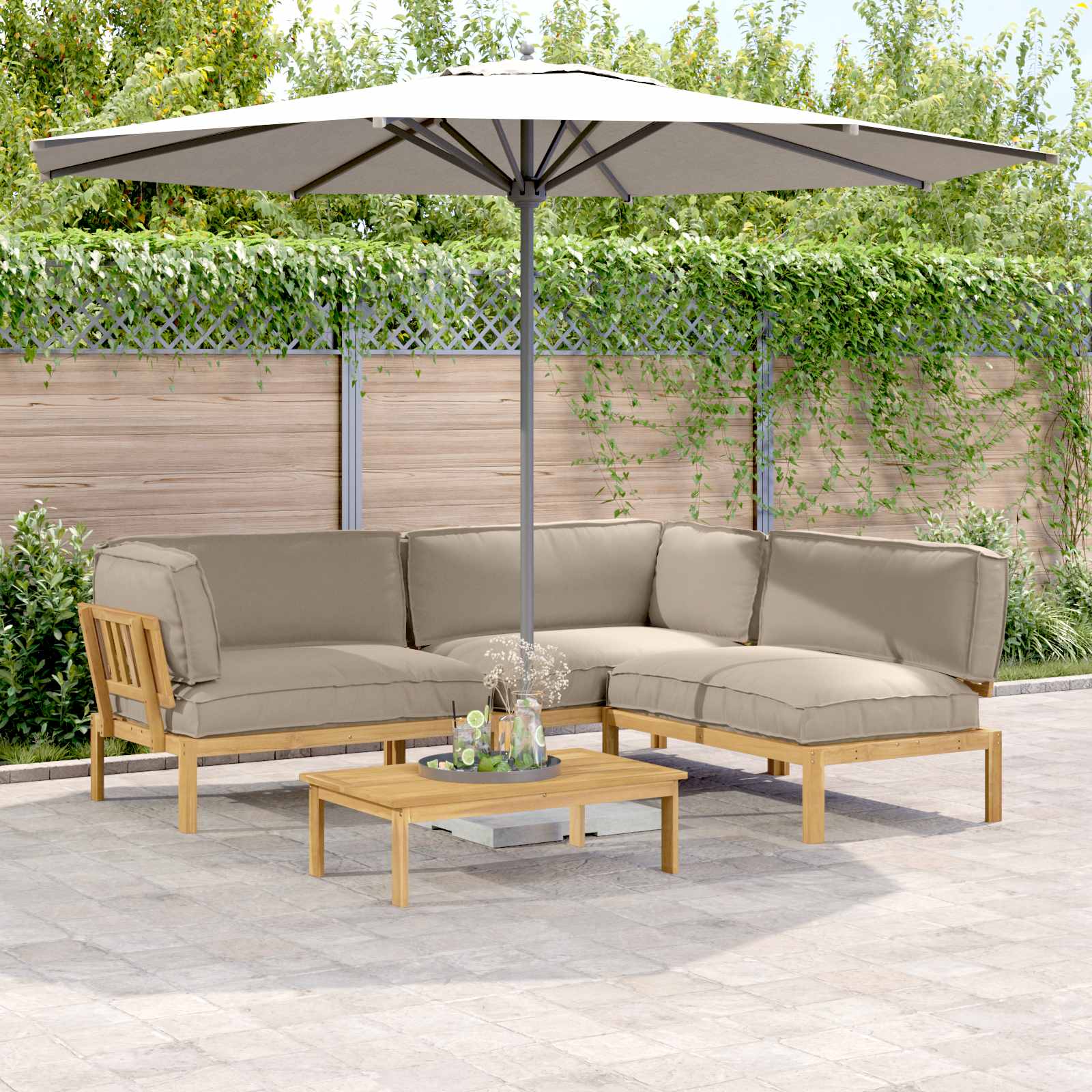 vidaXL Bankstel met kussen 3 pcs Bladpatroon Massief Acaciahout