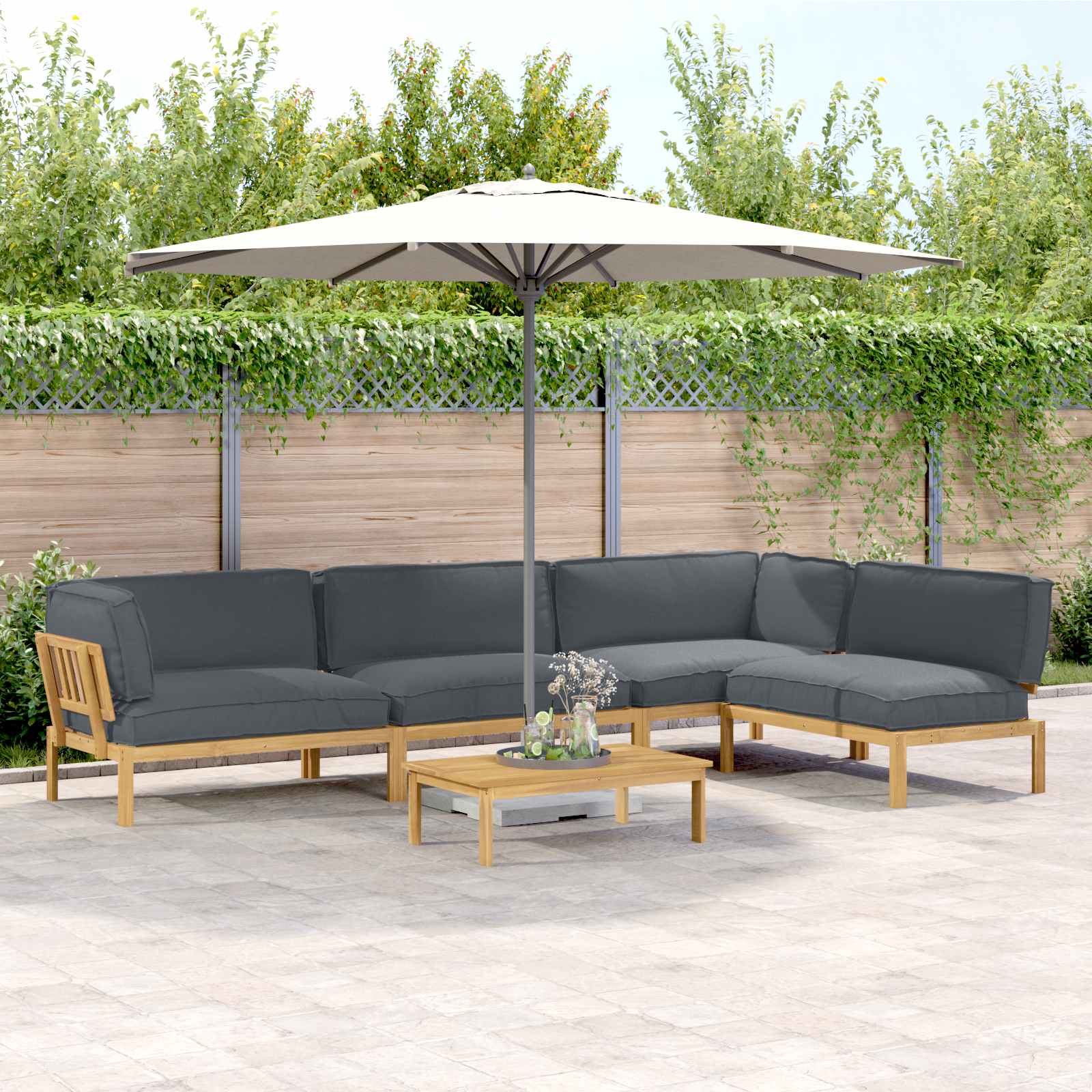 vidaXL Bankstel met kussen 3 pcs Bladpatroon Massief Acaciahout