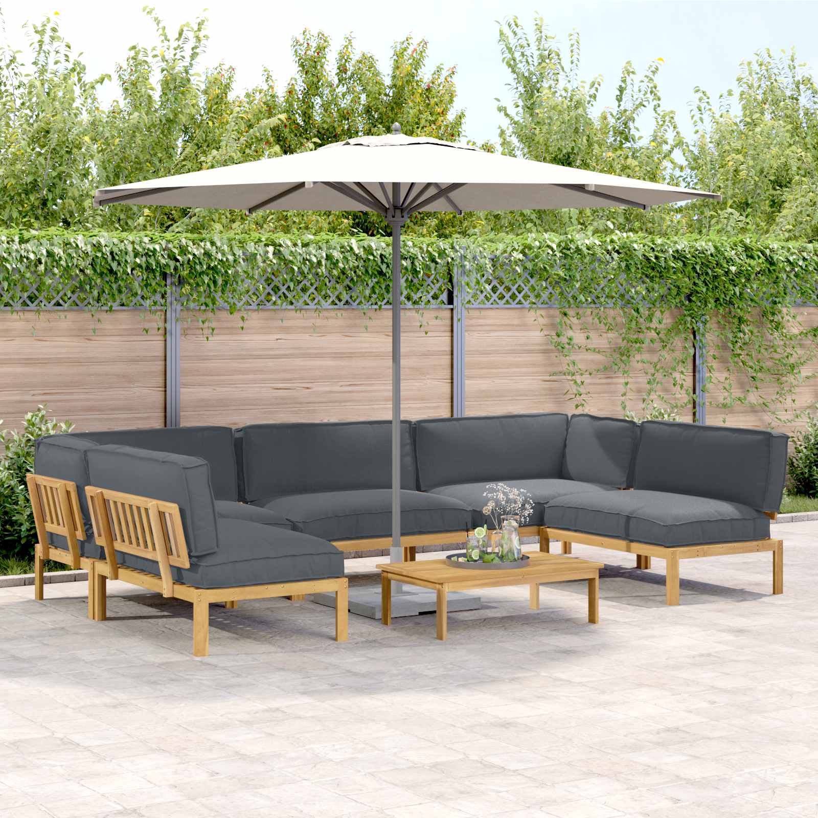 vidaXL Bankstel met kussen 3 pcs Bladpatroon Massief Acaciahout