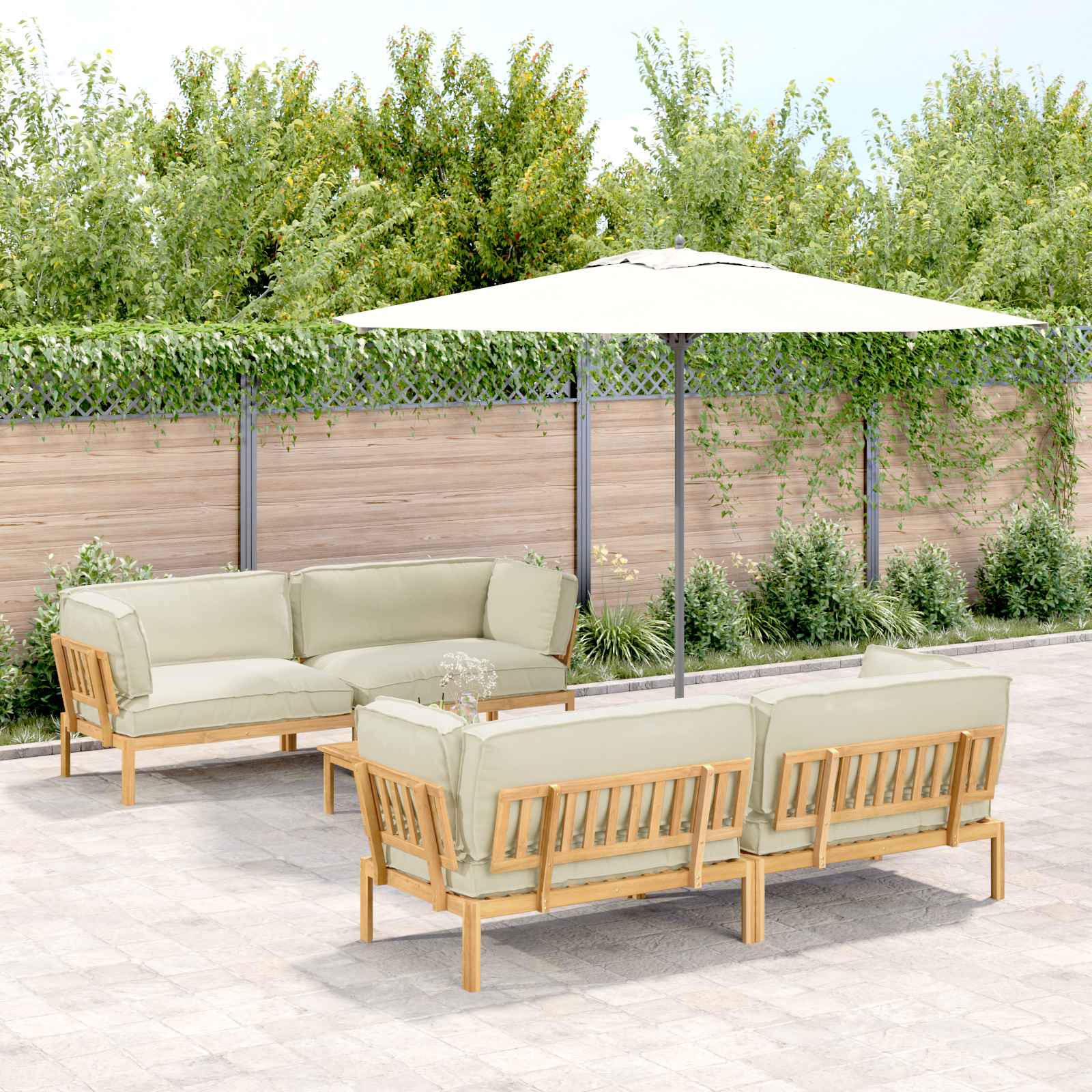 vidaXL Bankstel met kussen 3 pcs Bladpatroon Massief Acaciahout