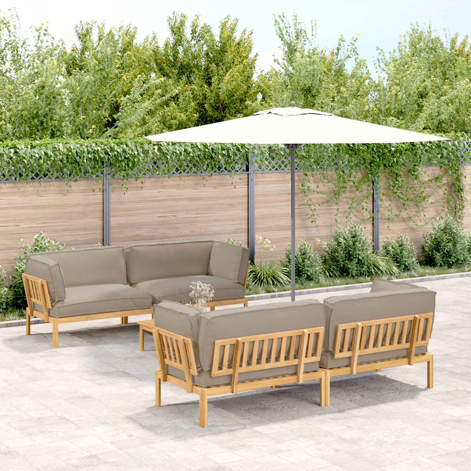 vidaXL Bankstel met kussen 3 pcs Bladpatroon Massief Acaciahout