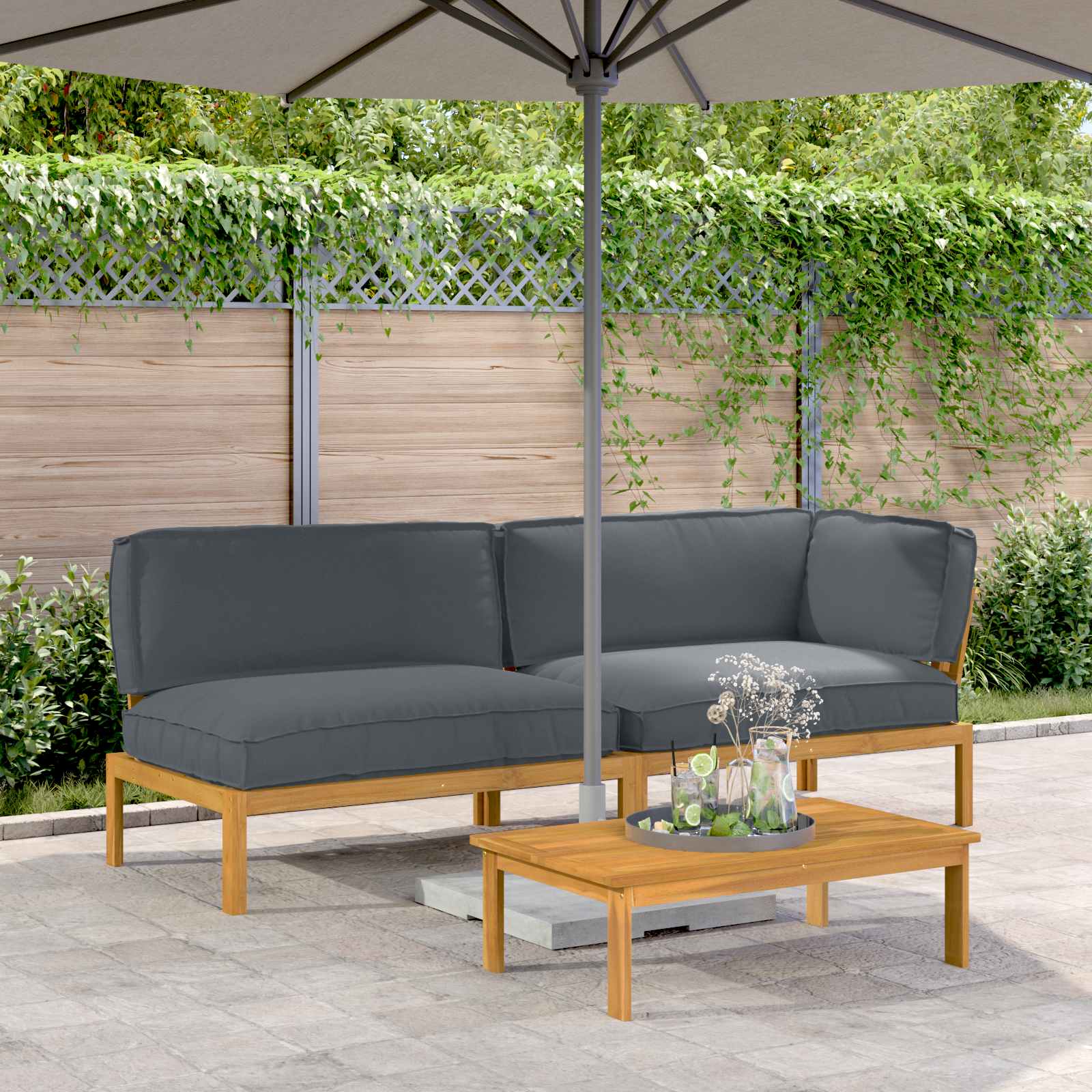 vidaXL Bankstel met kussen 3 pcs Bladpatroon Massief Acaciahout