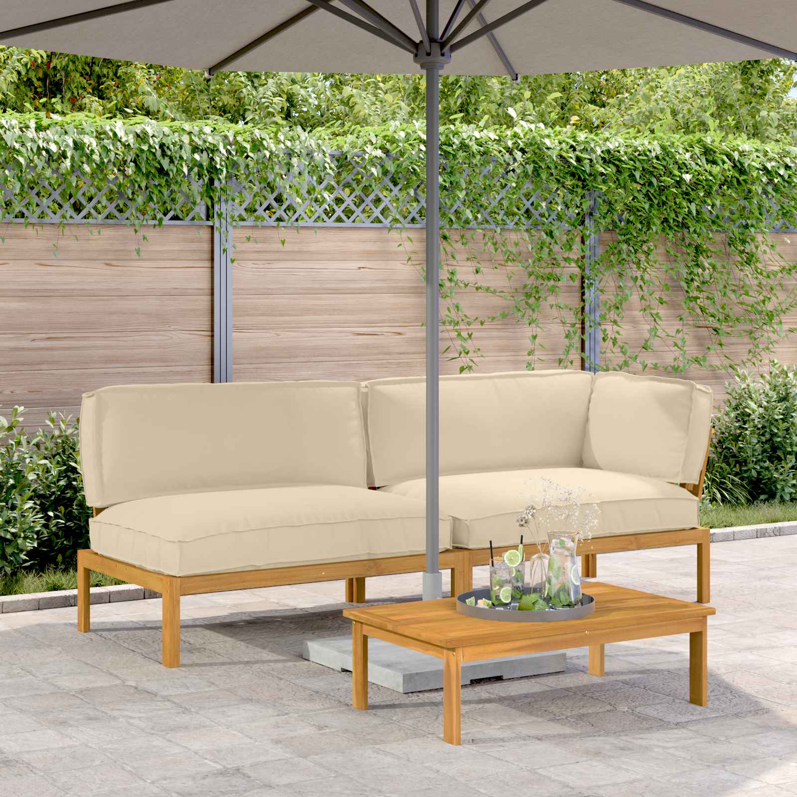 vidaXL Bankstel met kussen 3 pcs Bladpatroon Massief Acaciahout