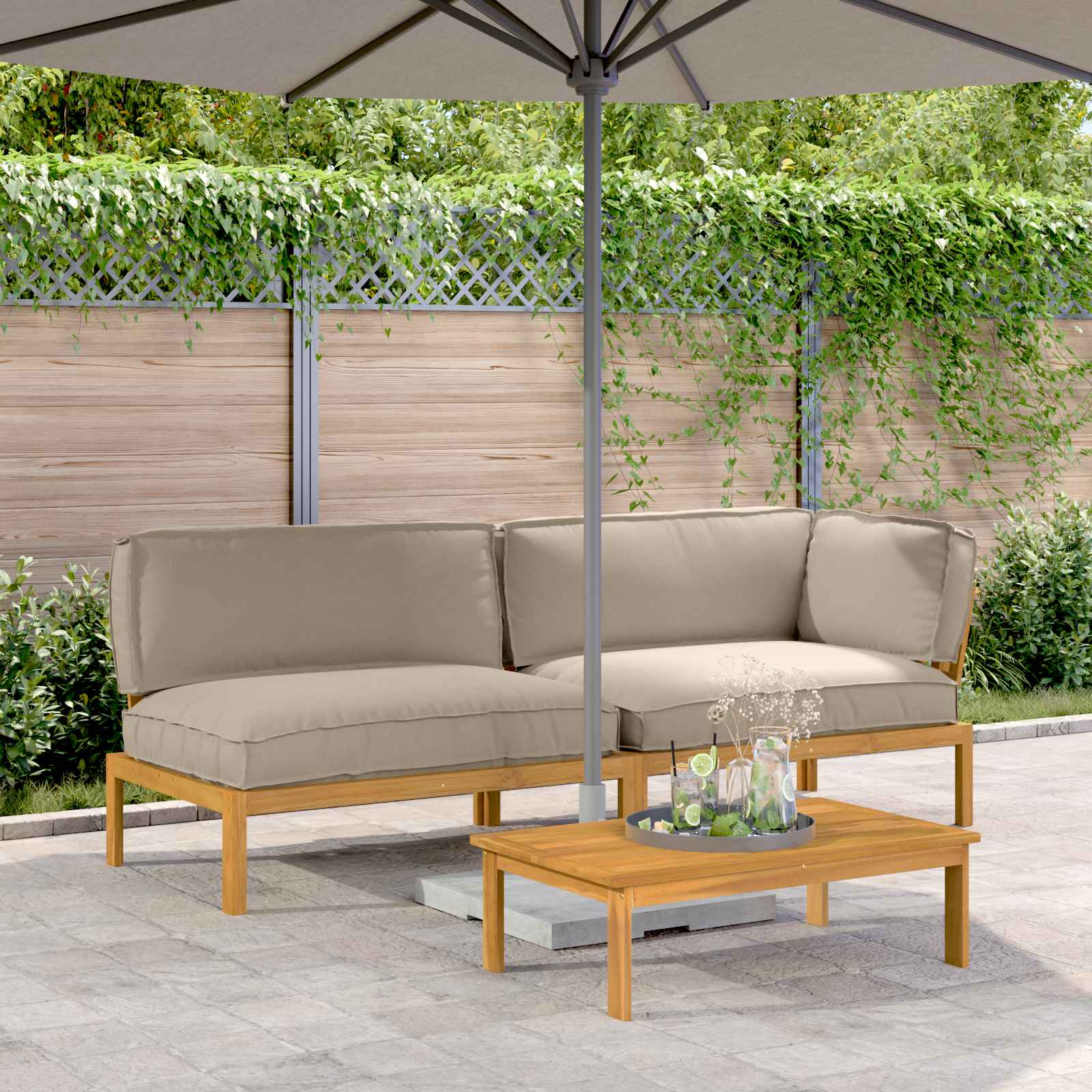 vidaXL Bankstel met kussen 3 pcs Bladpatroon Massief Acaciahout
