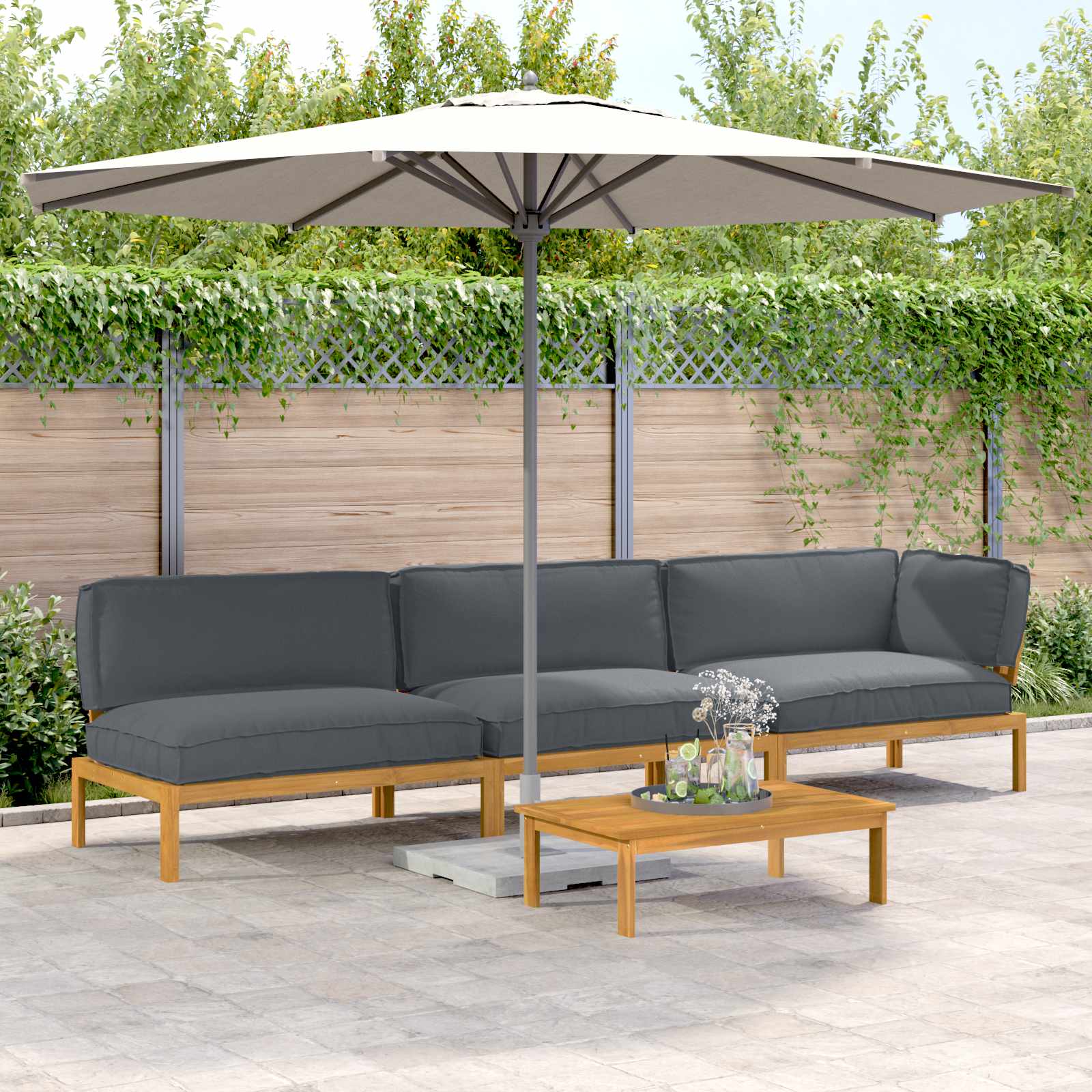 vidaXL Bankstel met kussen 3 pcs Bladpatroon Massief Acaciahout