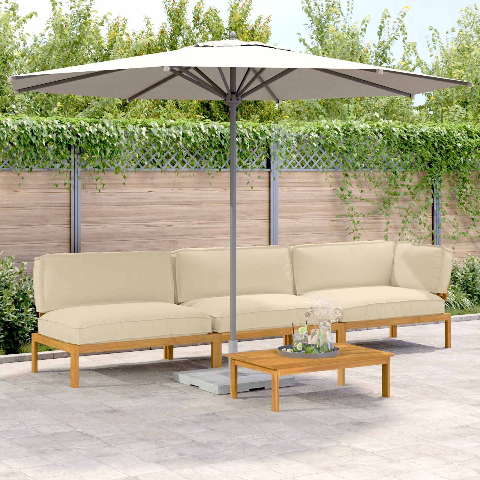 vidaXL Bankstel met kussen 3 pcs Bladpatroon Massief Acaciahout