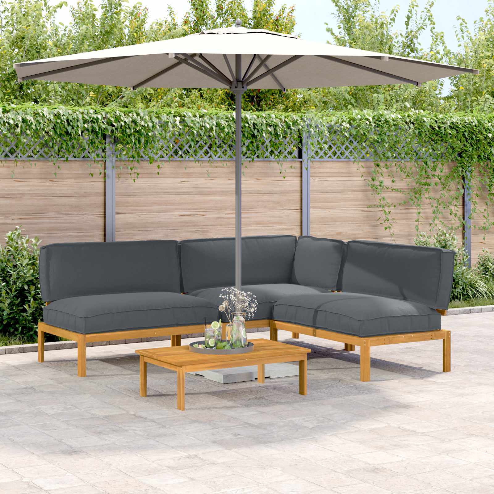 vidaXL Bankstel met kussen 3 pcs Bladpatroon Massief Acaciahout