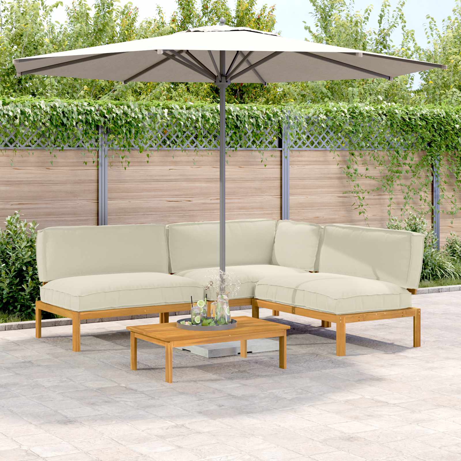 vidaXL Bankstel met kussen 3 pcs Bladpatroon Massief Acaciahout