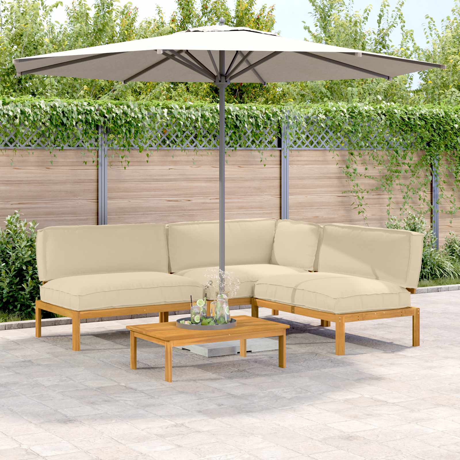 vidaXL Bankstel met kussen 3 pcs Bladpatroon Massief Acaciahout