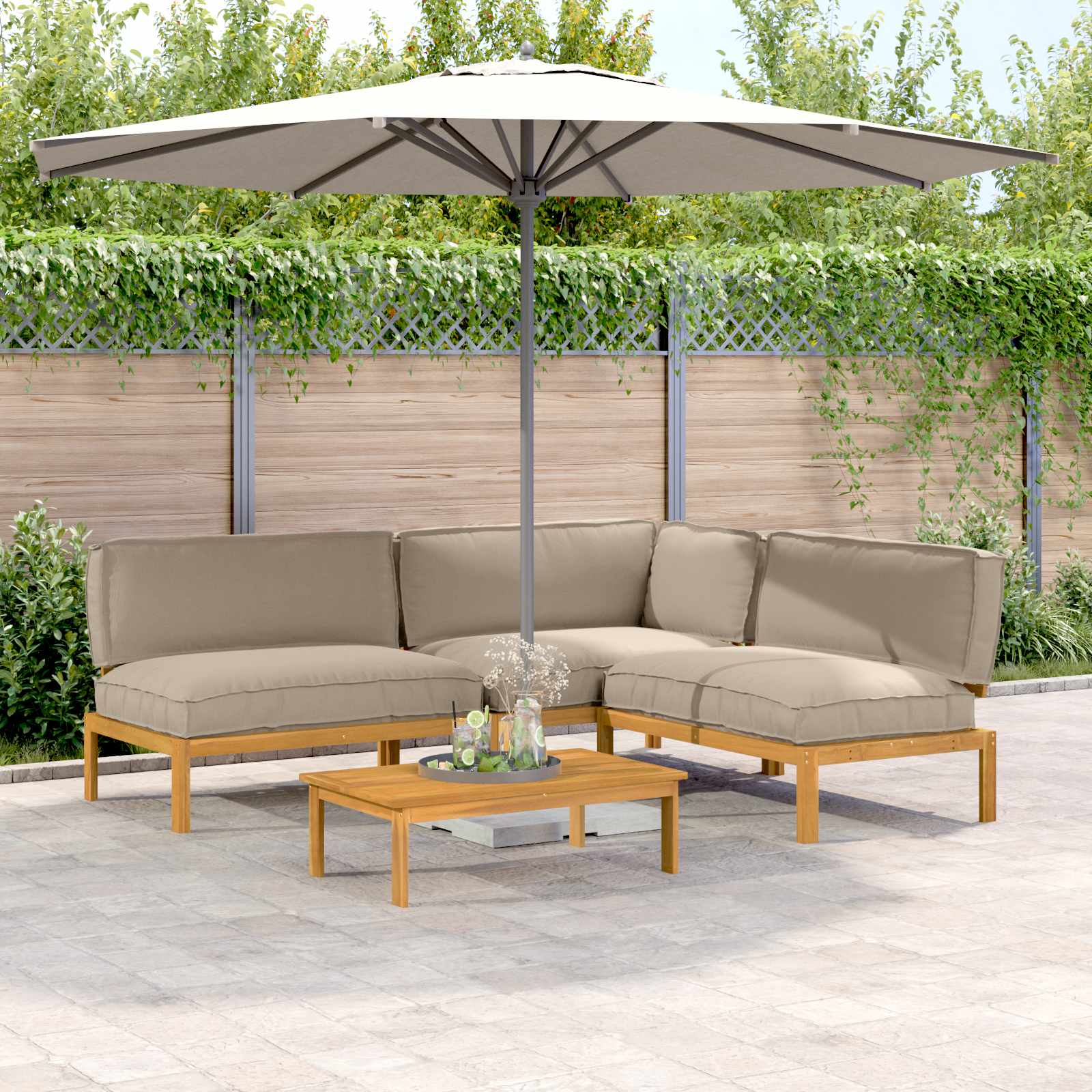 vidaXL Bankstel met kussen 3 pcs Bladpatroon Massief Acaciahout