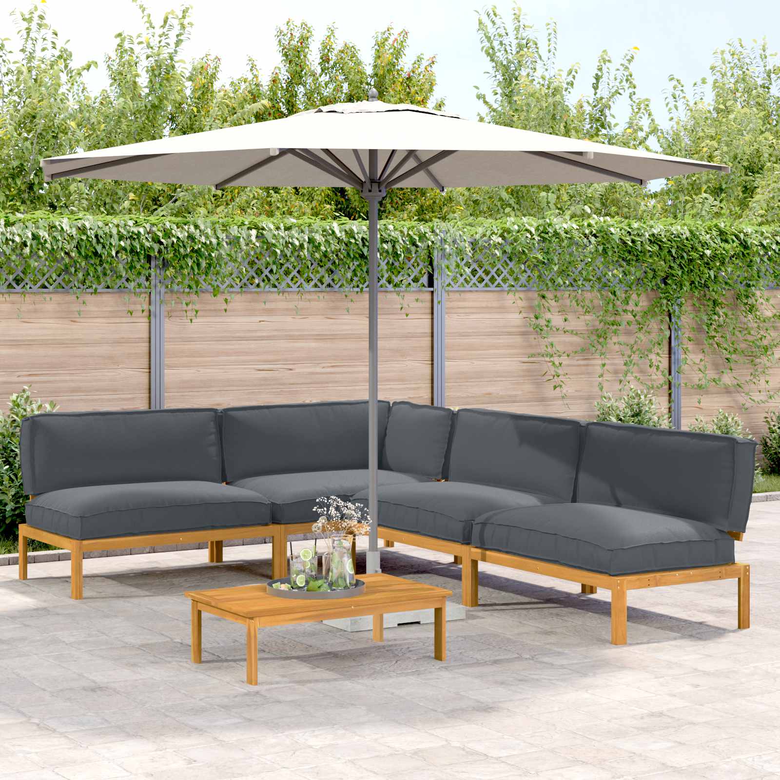 vidaXL Bankstel met kussen 3 pcs Bladpatroon Massief Acaciahout