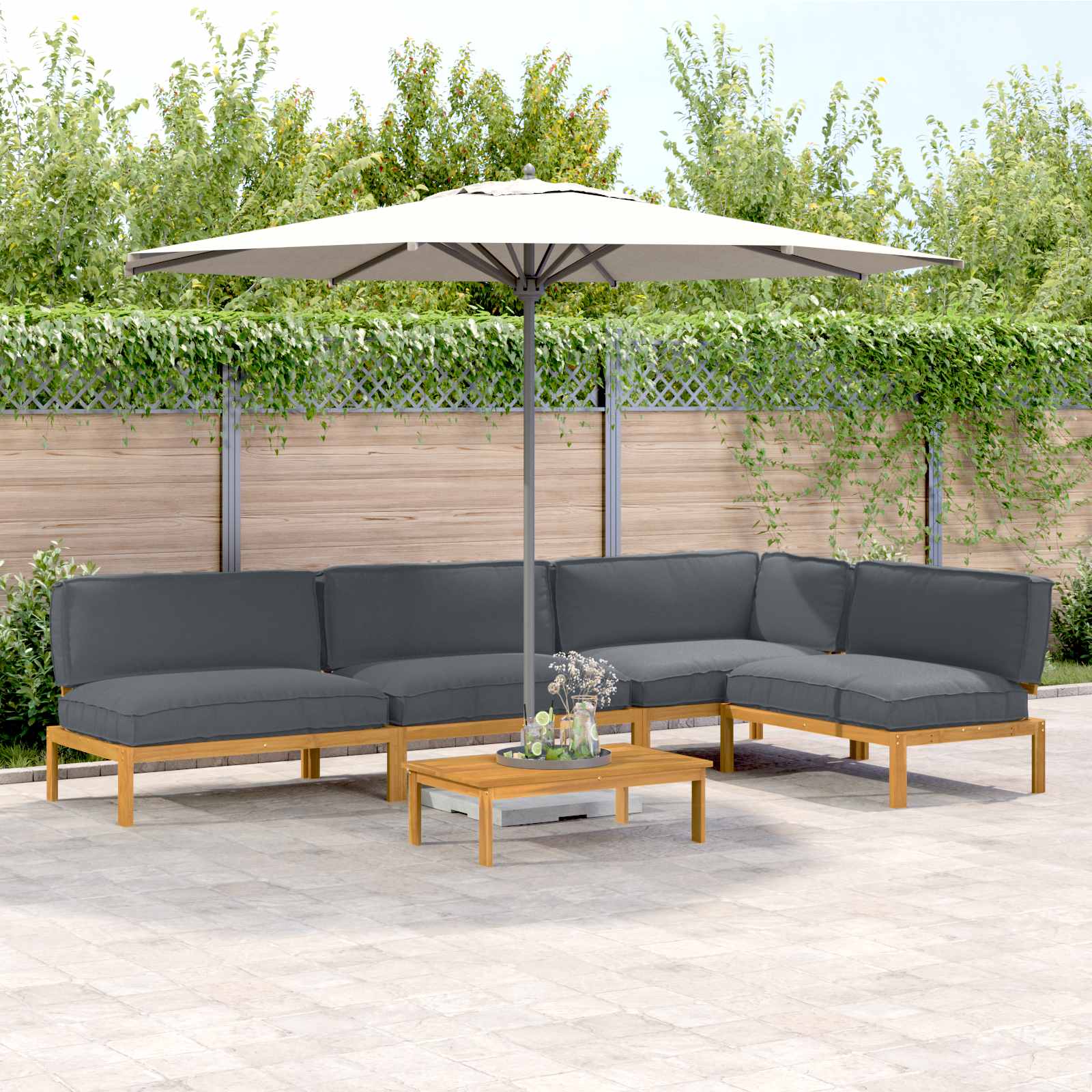 vidaXL Bankstel met kussen 3 pcs Bladpatroon Massief Acaciahout