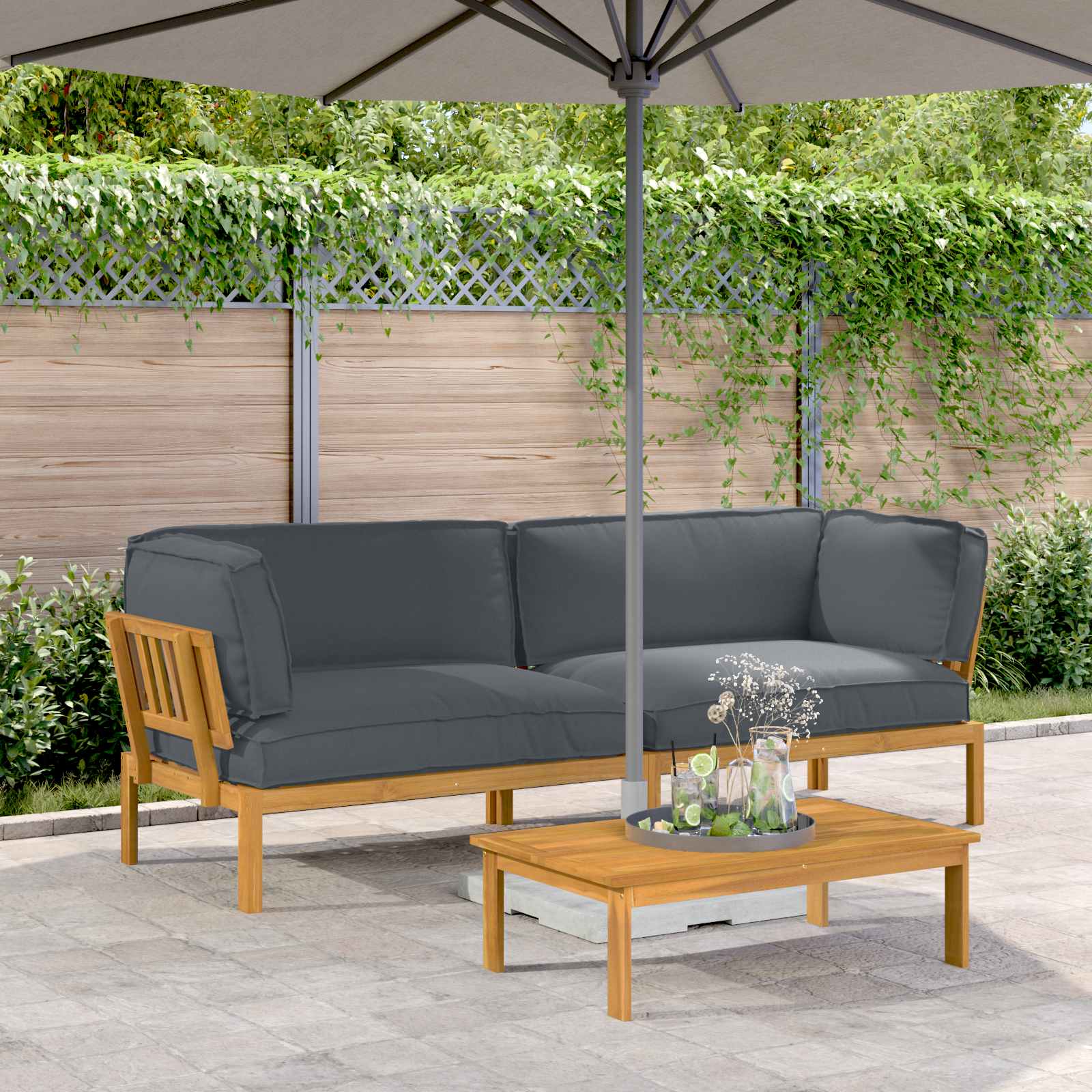 vidaXL Bankstel met kussen 3 pcs Bladpatroon Massief Acaciahout