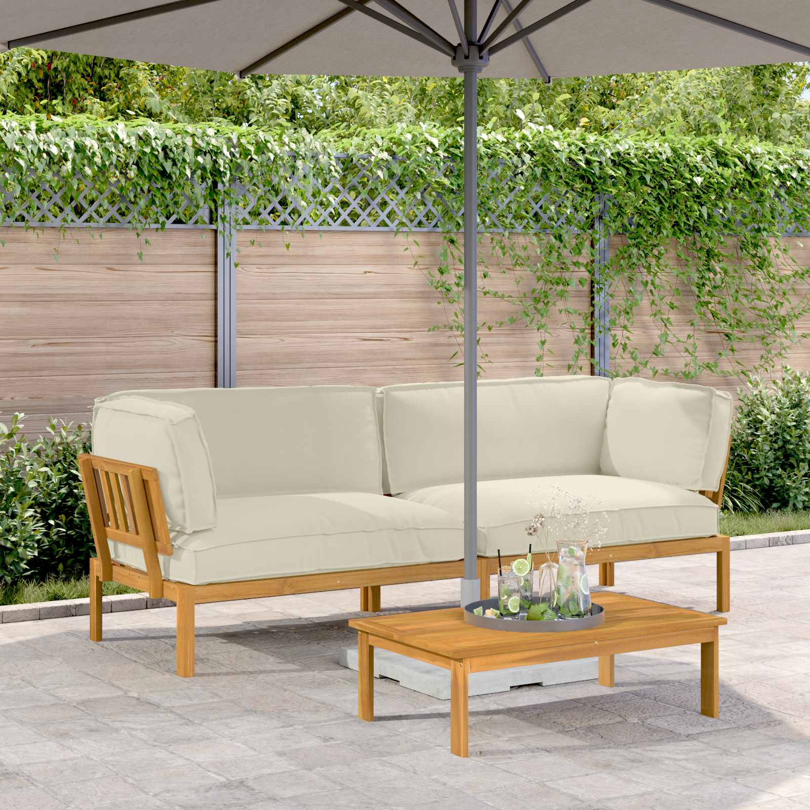 vidaXL Bankstel met kussen 3 pcs Bladpatroon Massief Acaciahout