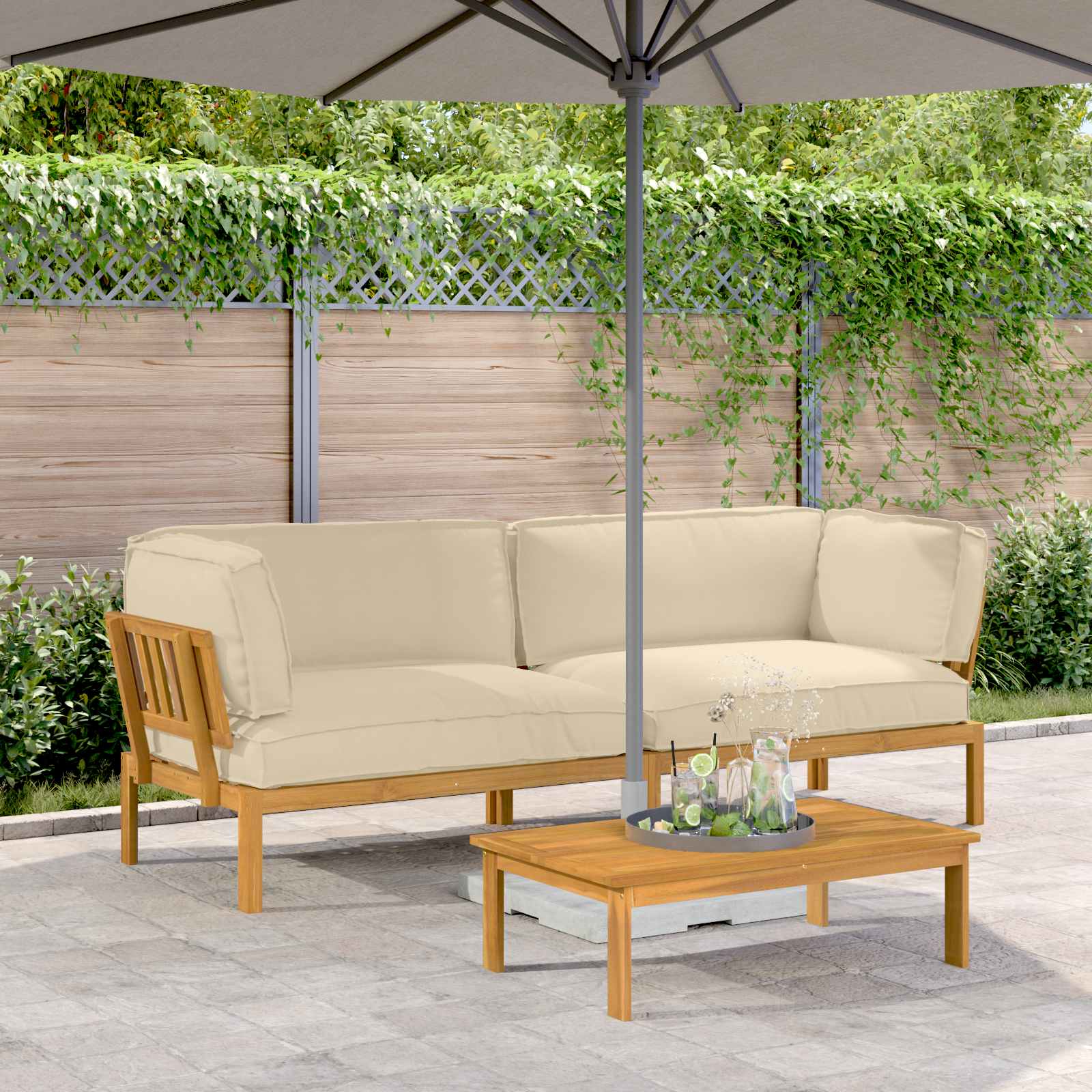 vidaXL Bankstel met kussen 3 pcs Bladpatroon Massief Acaciahout