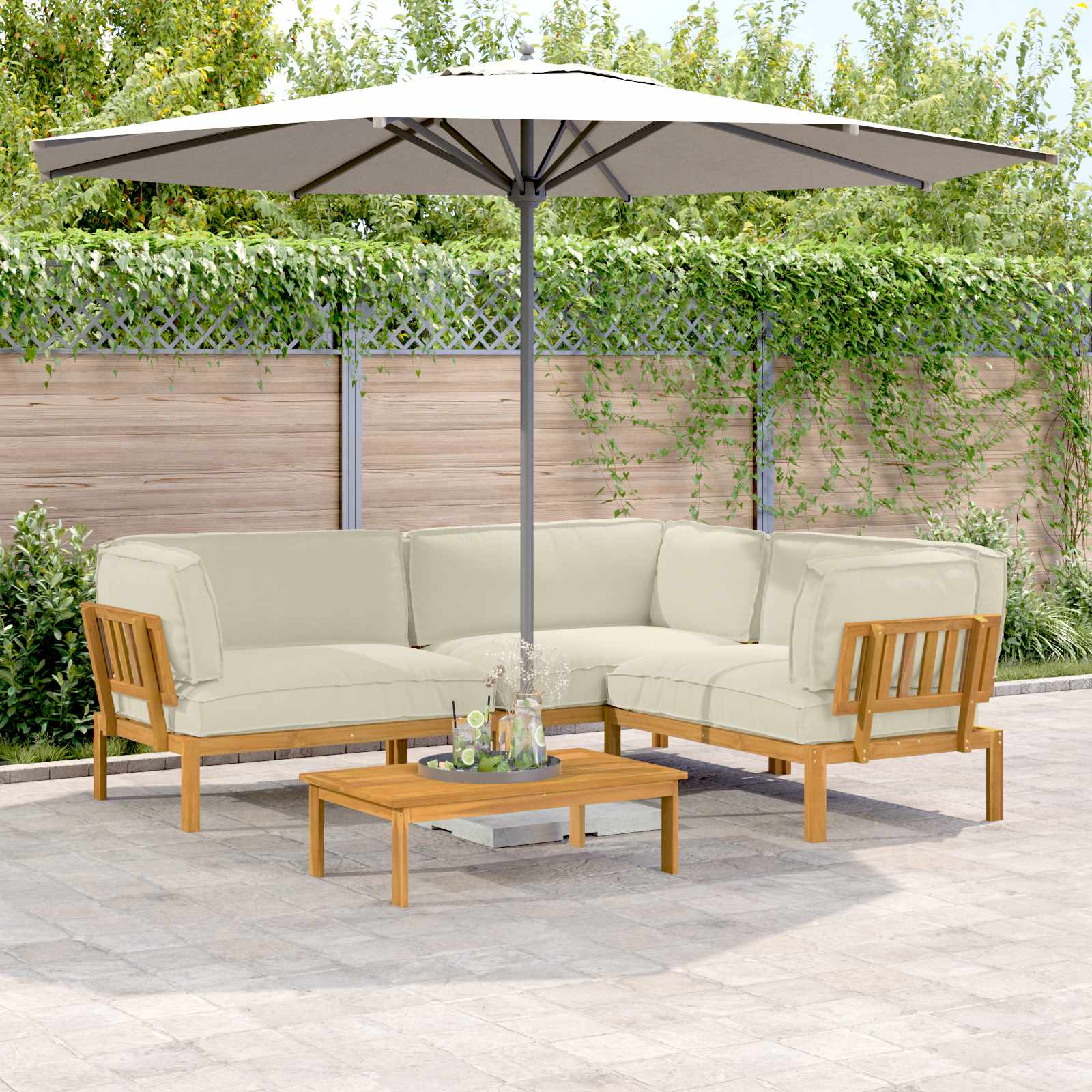 vidaXL Bankstel met kussen 3 pcs Bladpatroon Massief Acaciahout